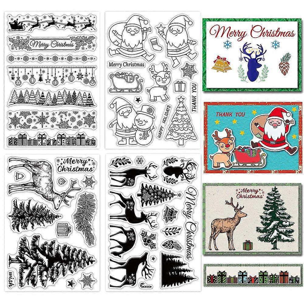 4PCS Christmas Silicone Clear Stamps Merry Christmas Snowflake Gift Elk Holly Patterns Clear Stamps for Card Making Decoration DIY Scrapbooking Emboss
