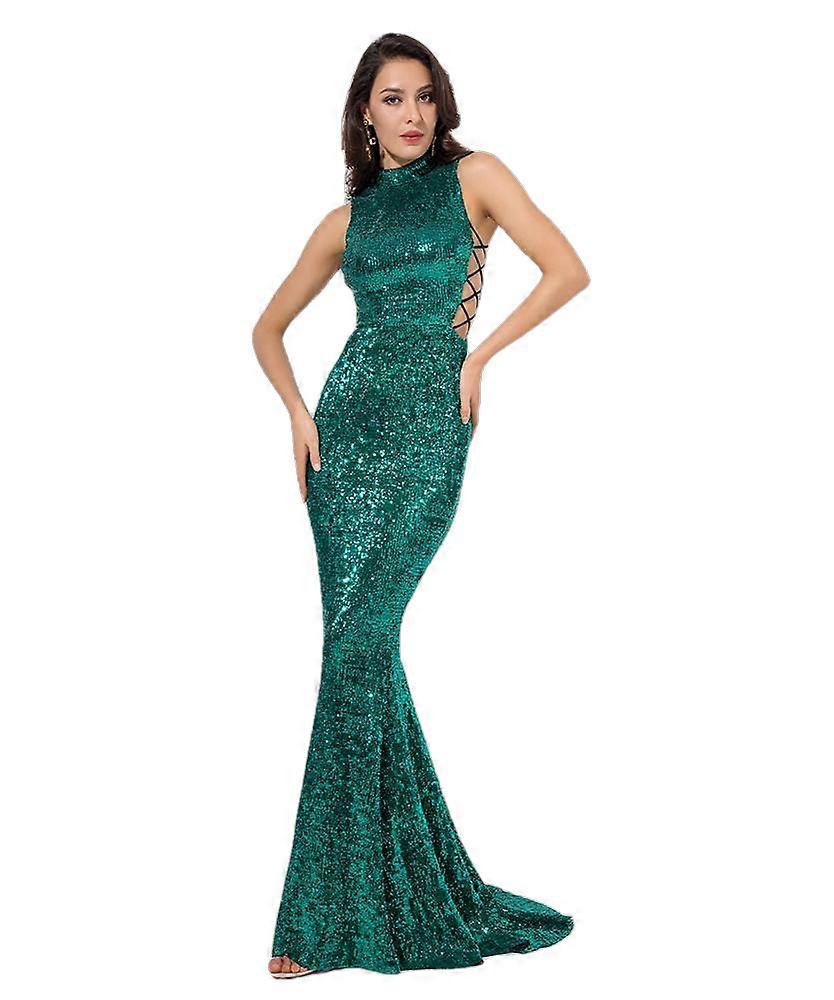 Green Sequin Fishtail Dress With Side Cut-outs - Slim Fit, Elastic, Long Gown