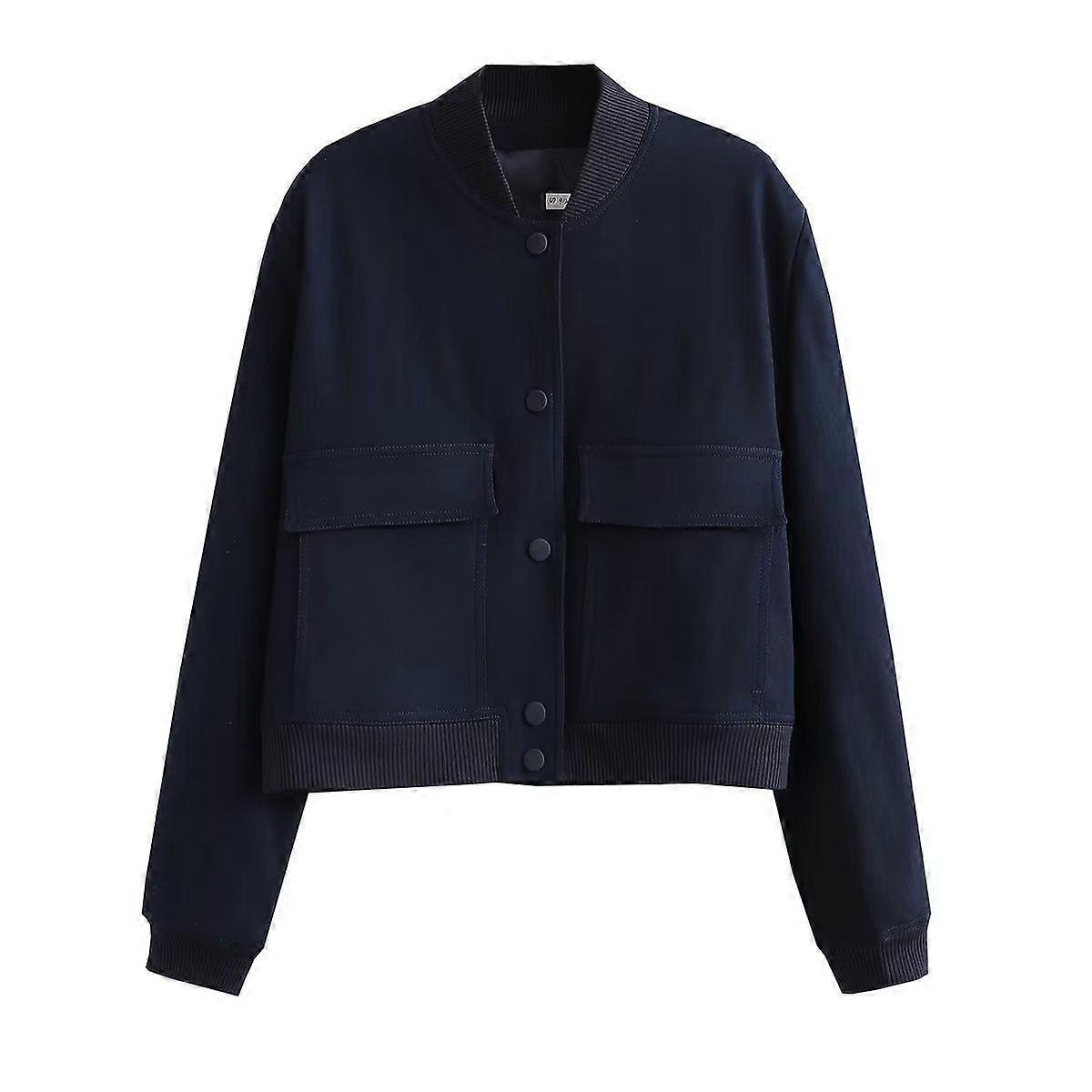 Spring coat with large pockets and stand collar for women