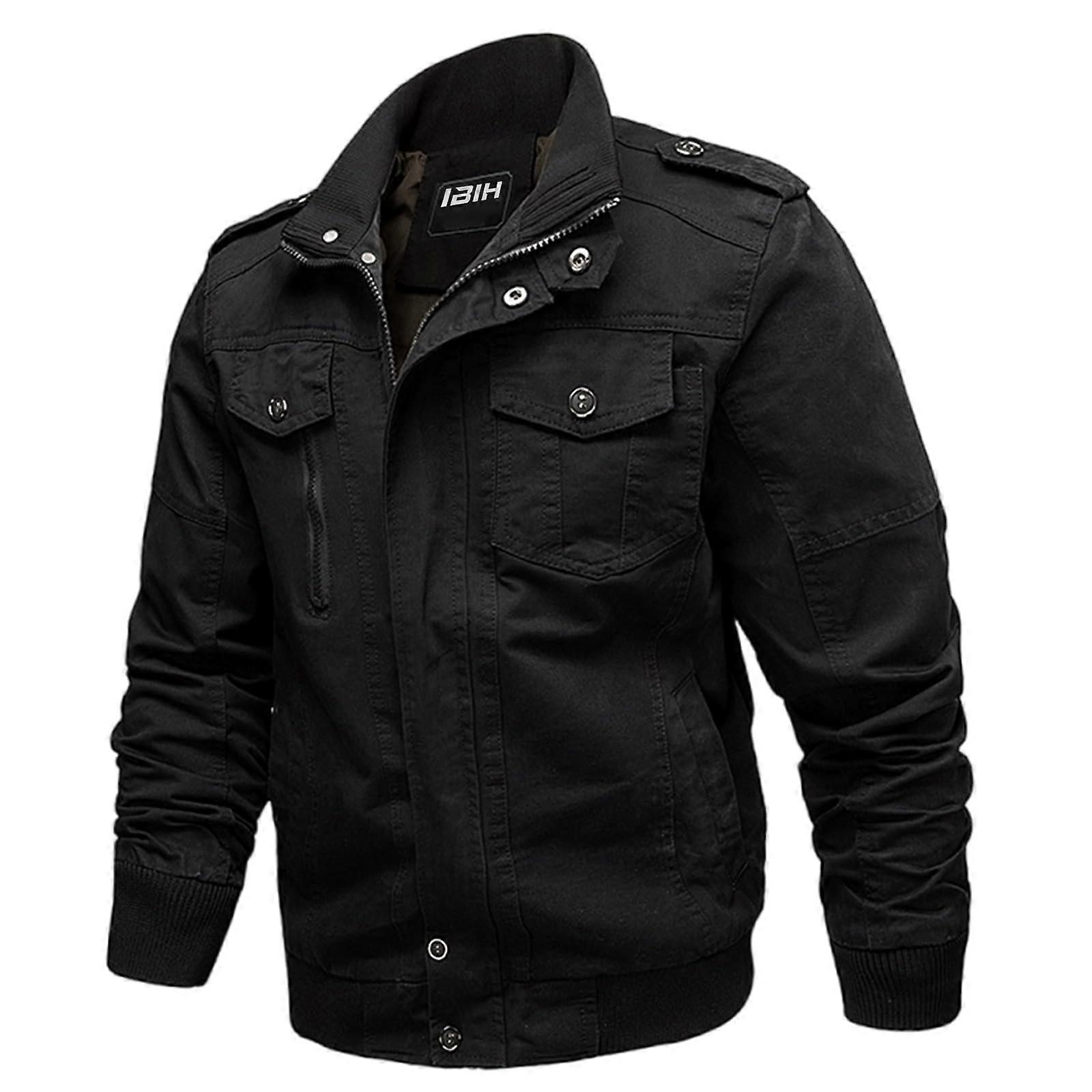 Men’s Military Cargo Jacket with Multi-Pocket Design and Stand Collar