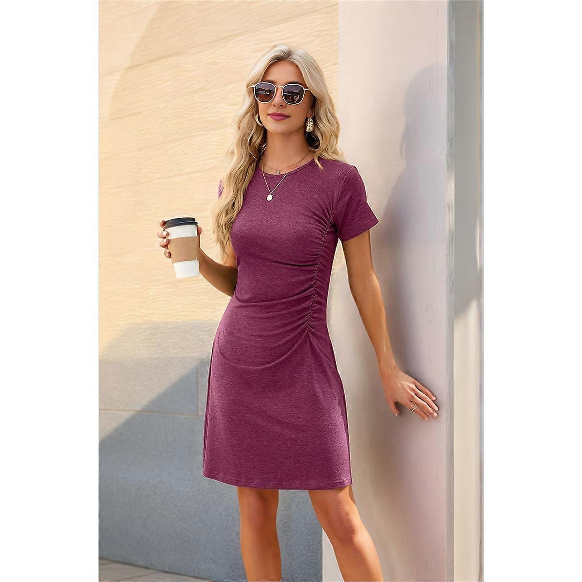Round Neck Short Sleeve Dress Wine Red L