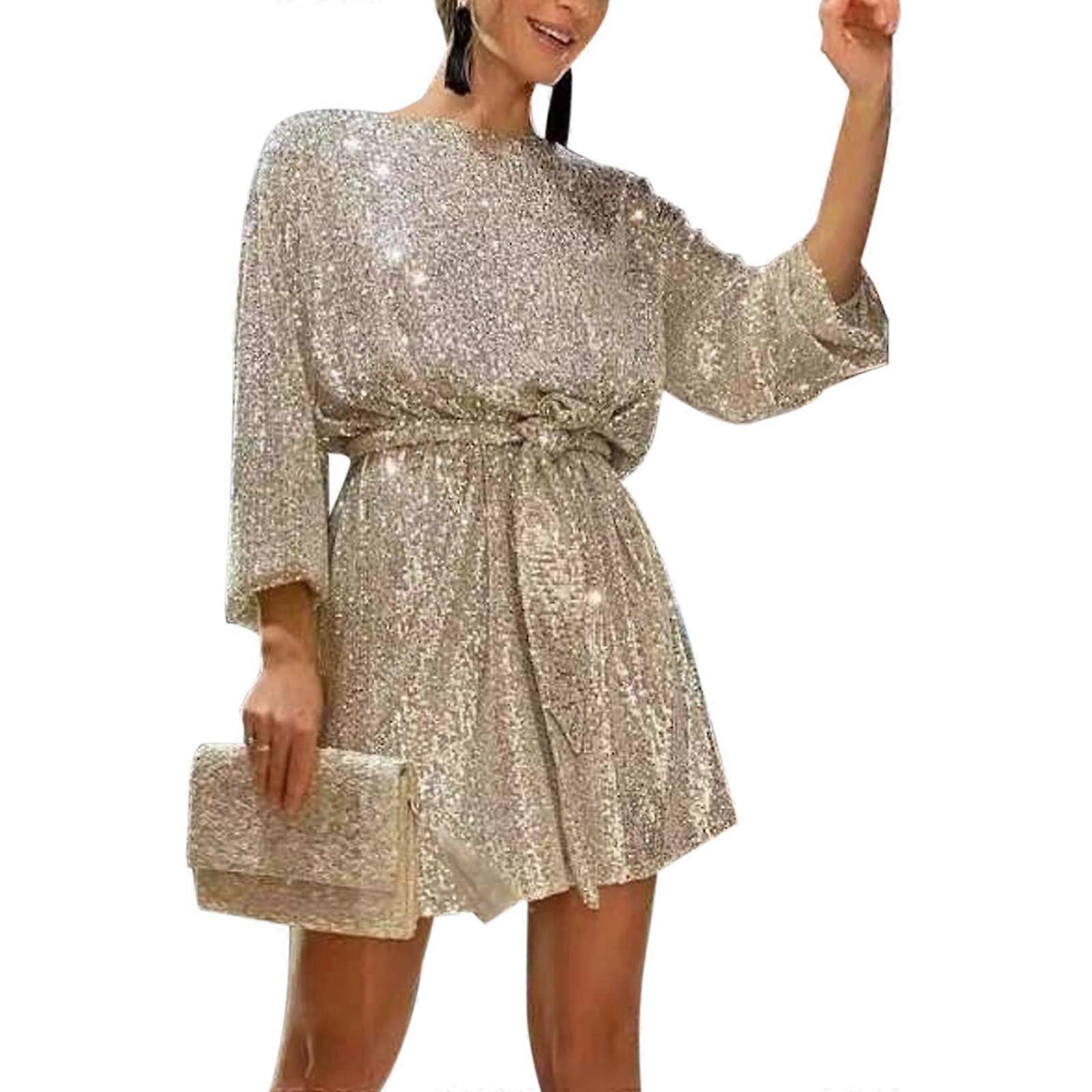 Womens Puff Long Sleeve Glitter Sequin Dress with Belt Evening