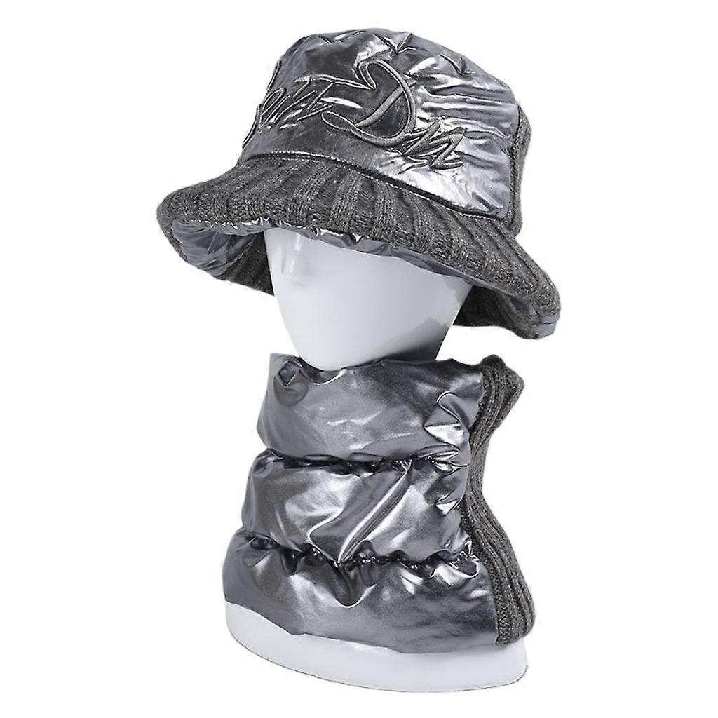 Unisex Winter Warm 2Pcs Metallic Letter Embroidery Bucket Plush Lined Scarf Set  Gray