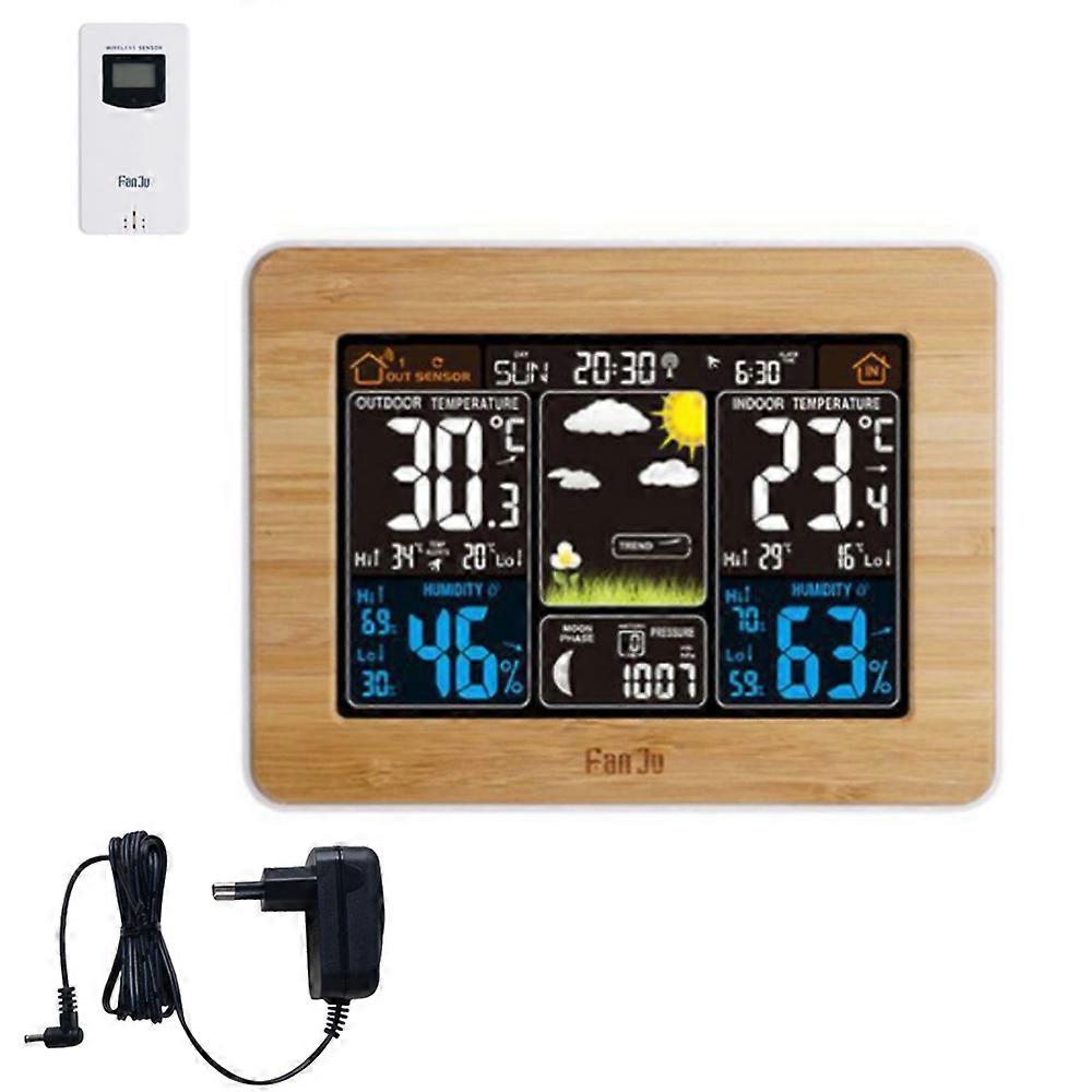 Multi-Function Electronic Alarm Clock, Color Screen, Weather Forecast Clock, Rf Wireless Weather Clock-Bamboo Color-Eu Plug