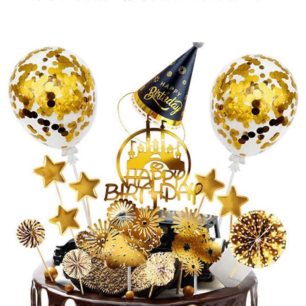 7 Pieces Happy Birthday Cake Topper Decoration Cake Topper Happy Birthday Decoration Cake Topper Confetti Balloon Star Decor (Gold)