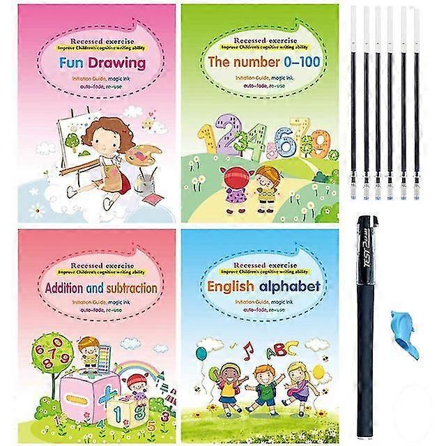 4 كتب غرقت السحر القابلة لإعادة الاستخدام Copybook الخط الأخدود الكتابة كتاب الممارسة كتاب مسح خالية من اللغة الإنجليزية التعليم المبكر
