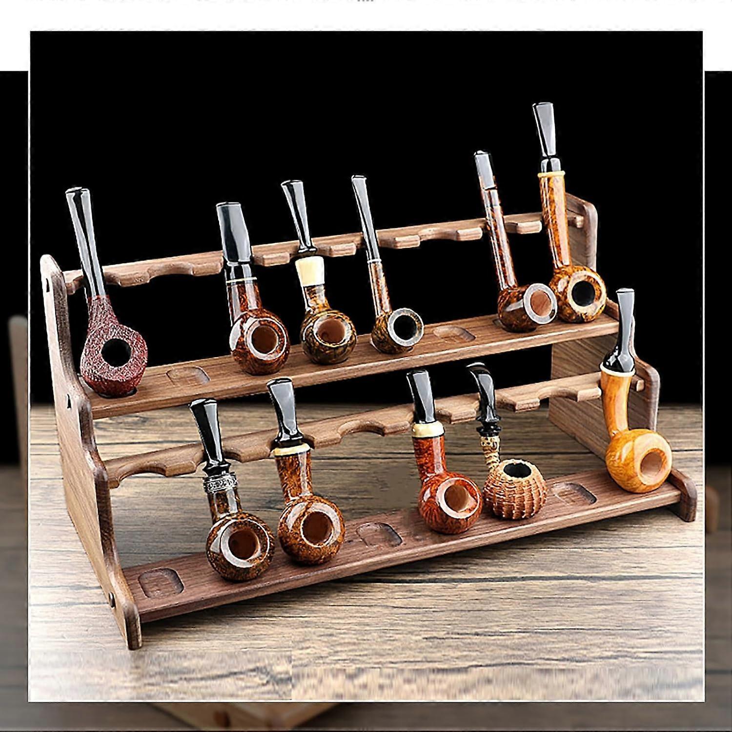 Golden Pear Wood Pipe Stand Holder for Pipes, 16 Handmade Smoking Pipe Display Rack