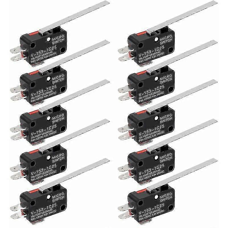 10 Pack SPDT Micro Limit Switch with Hinge Lever, 1NO 1NC Momentary Action 3-Pin Long Lever Switches for Industrial Control