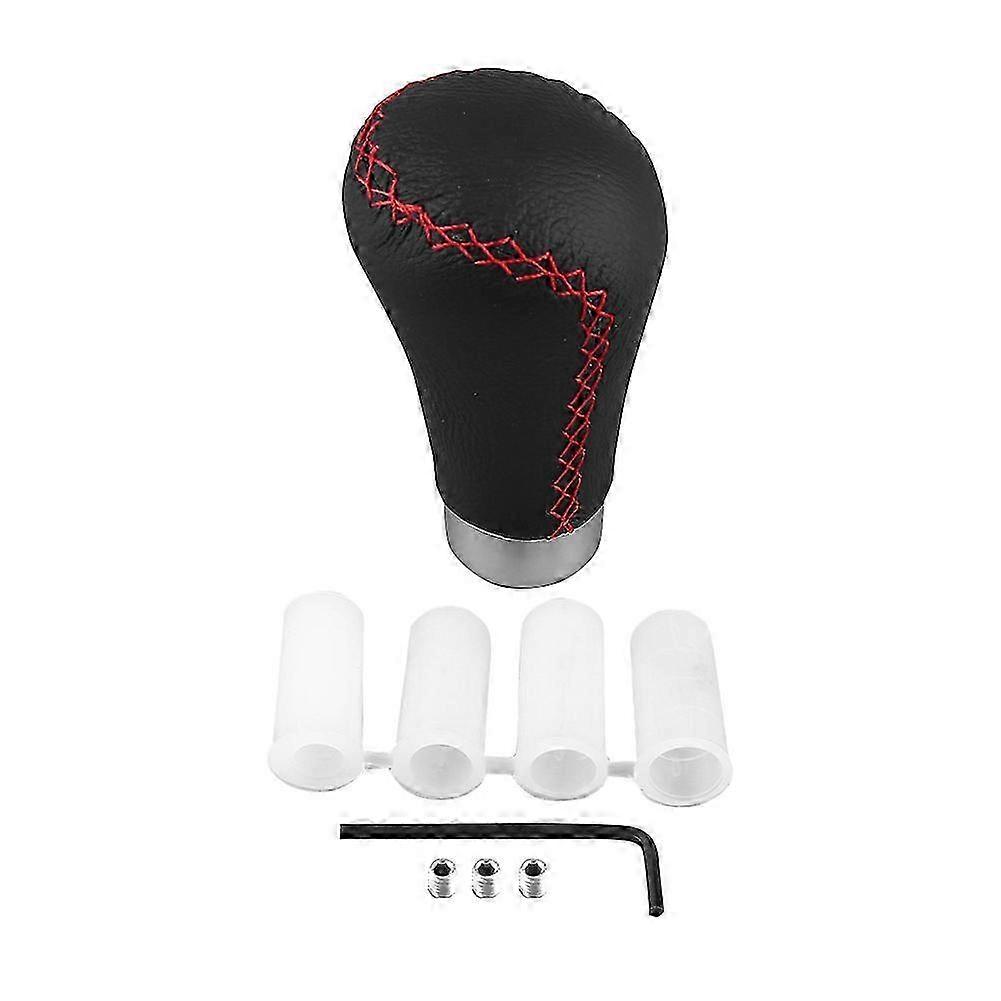 Universal Gear Shift Knob w/ 4 Adapters Black Leather Red Stitches