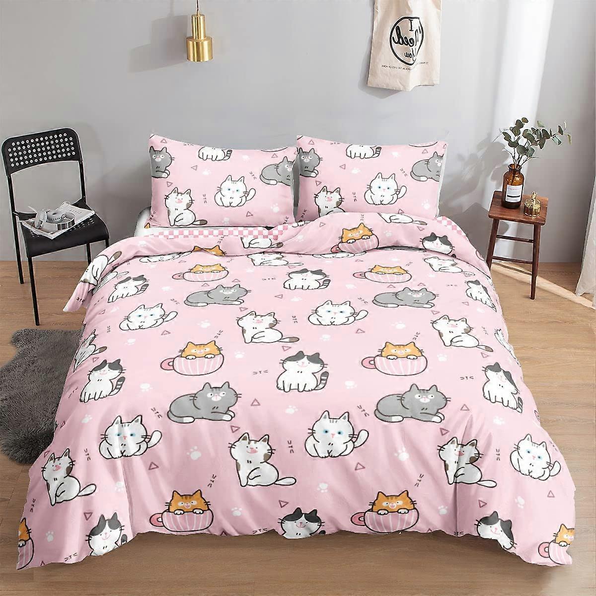 Cat Bedding Set Duvet Cover Pink Cat Checkerboard Pattern 135 x 200 cm