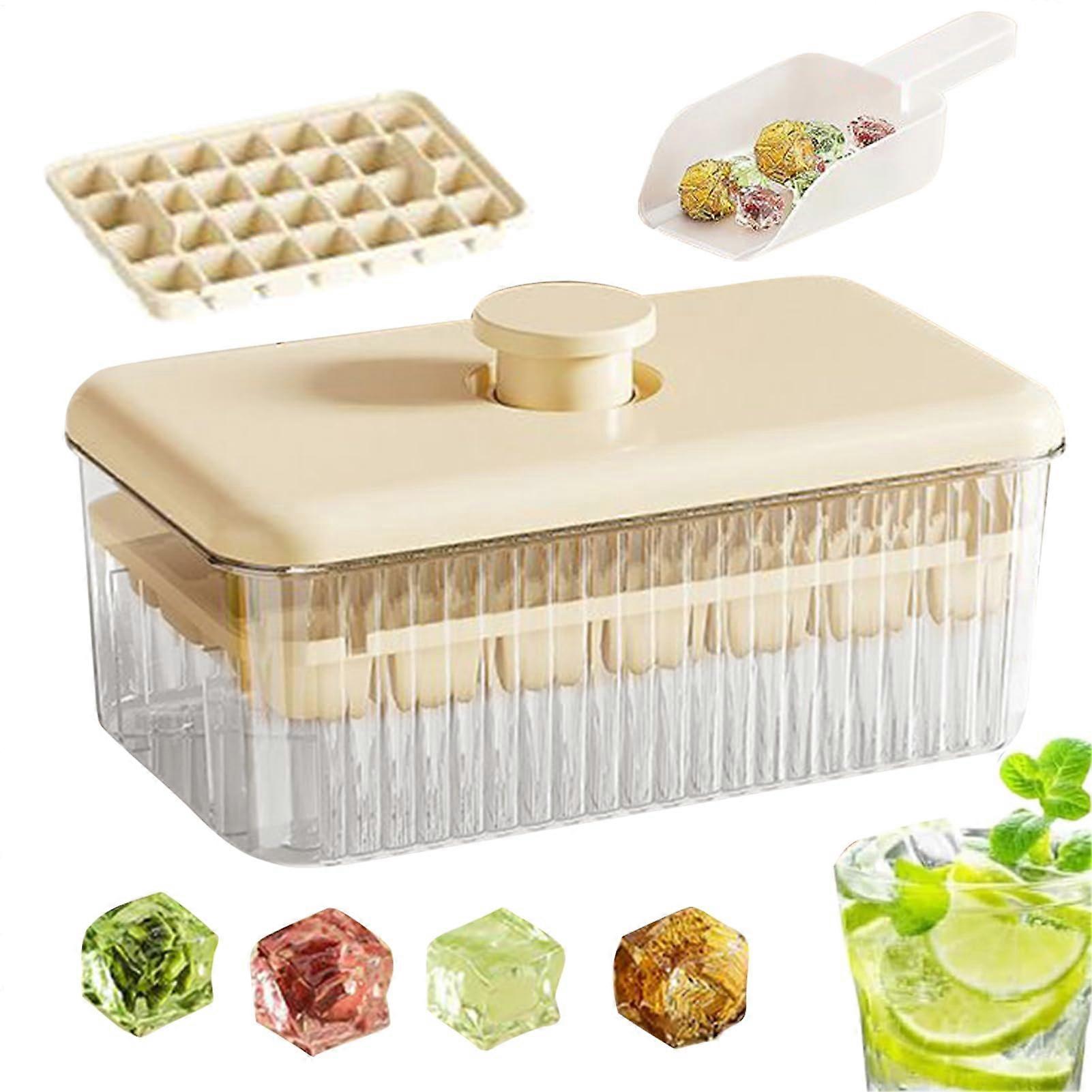 Ice cube container with lid, easy ice cube removal for chilled drinks, practical kitchen helper for ice cubes with wine and apricot juice.