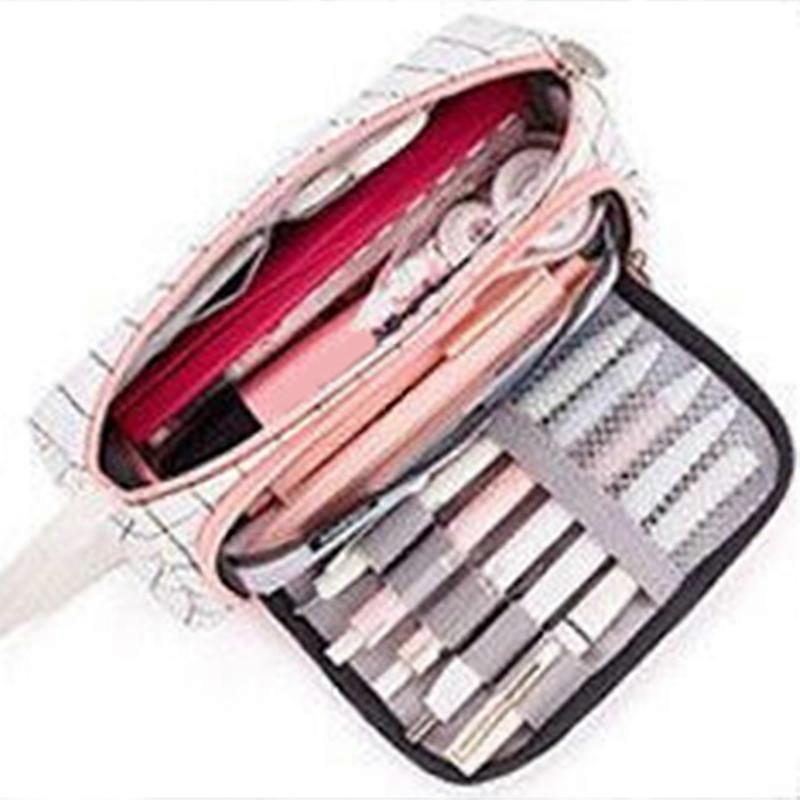 Large Pencil Case Double Layer Black White Grid Cute Multifunction Canvas Pen Bag for Girls