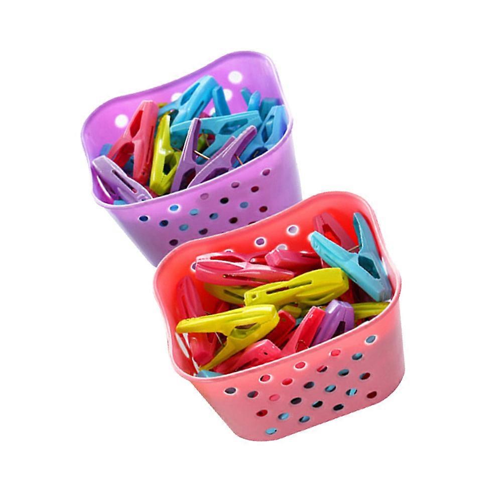 60PCS Plastic Small Clips Clothespin Windproof Sock Bra Clothes Laundry Clips with 2PCS Storage Baskets (Random Color)