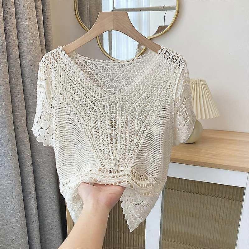 Short sleeved design with a touch of outerwear, V-neck hollowed out loose and lazy style, thin knit sweater