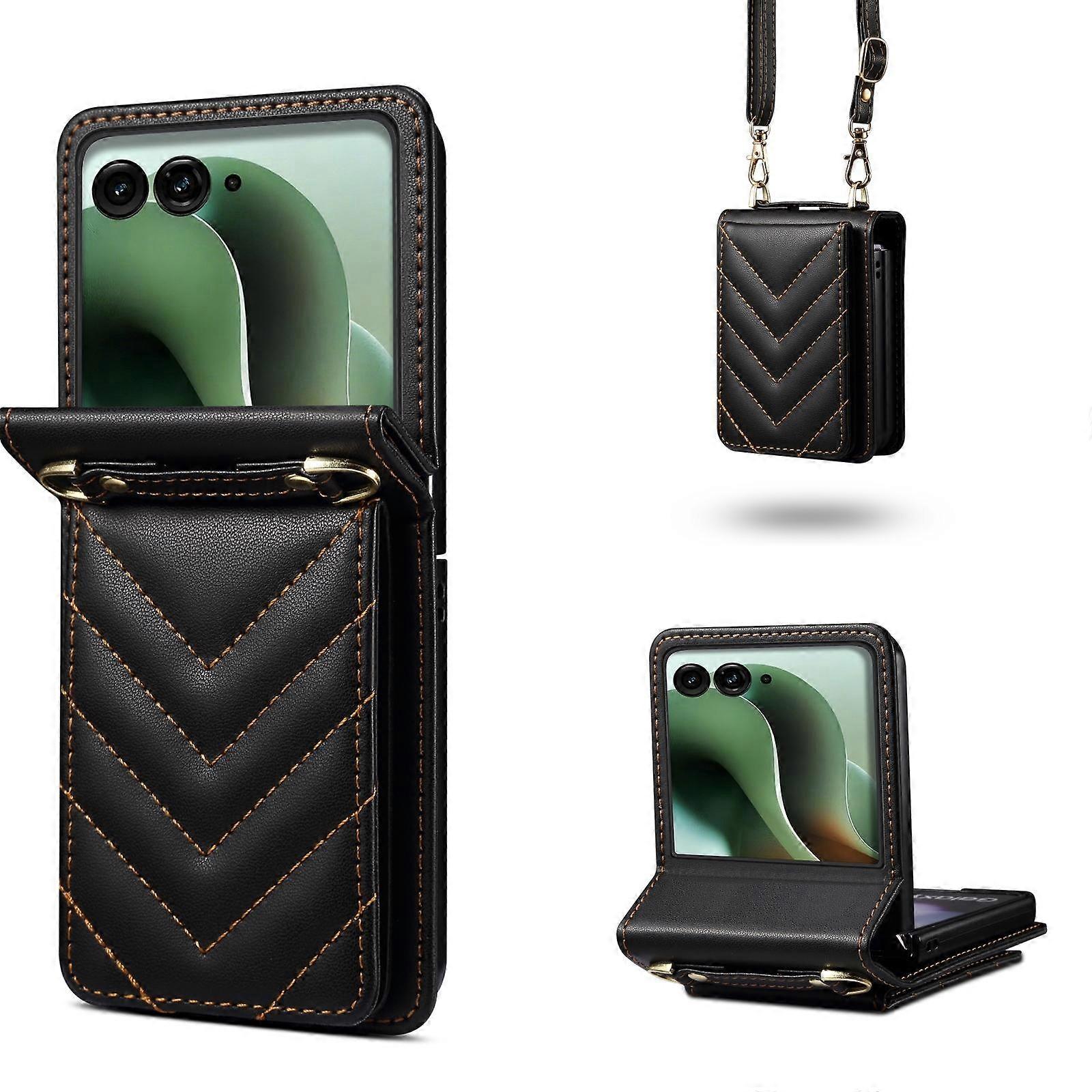 Rhombic Folding Leather Phone Case with Long Lanyard