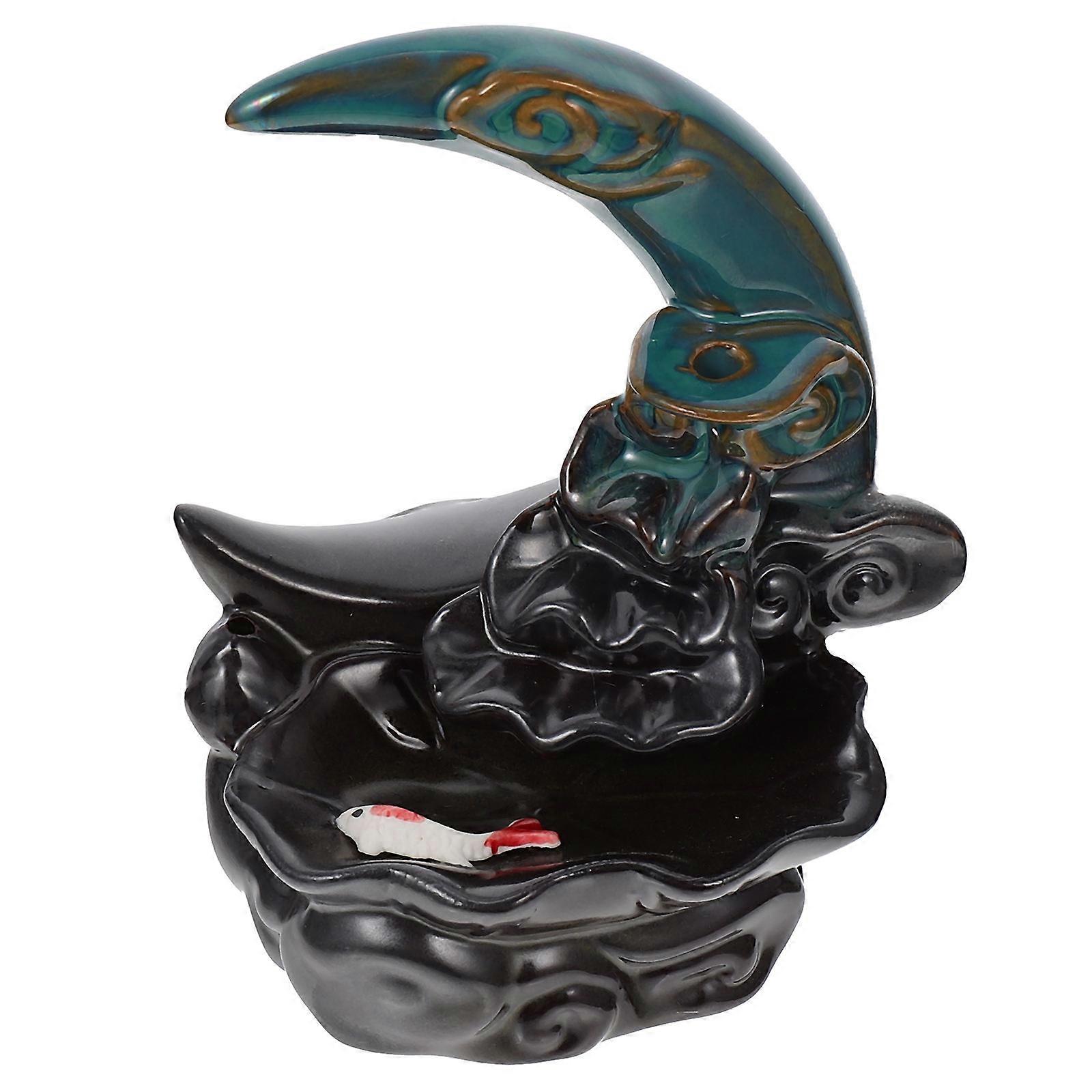 Home Decor Moon Shaped Backflow Incense Burner Ceramic Blue 1Pc