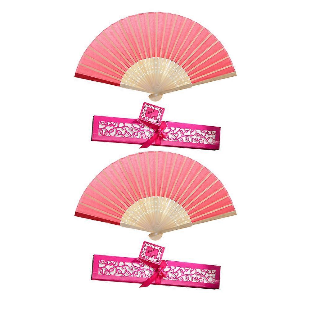 2pcs Classic Bamboo Folding Fans, Chinese Style Handheld Fans with Box for Women, Rosy Design for Weddings, Parties, Events