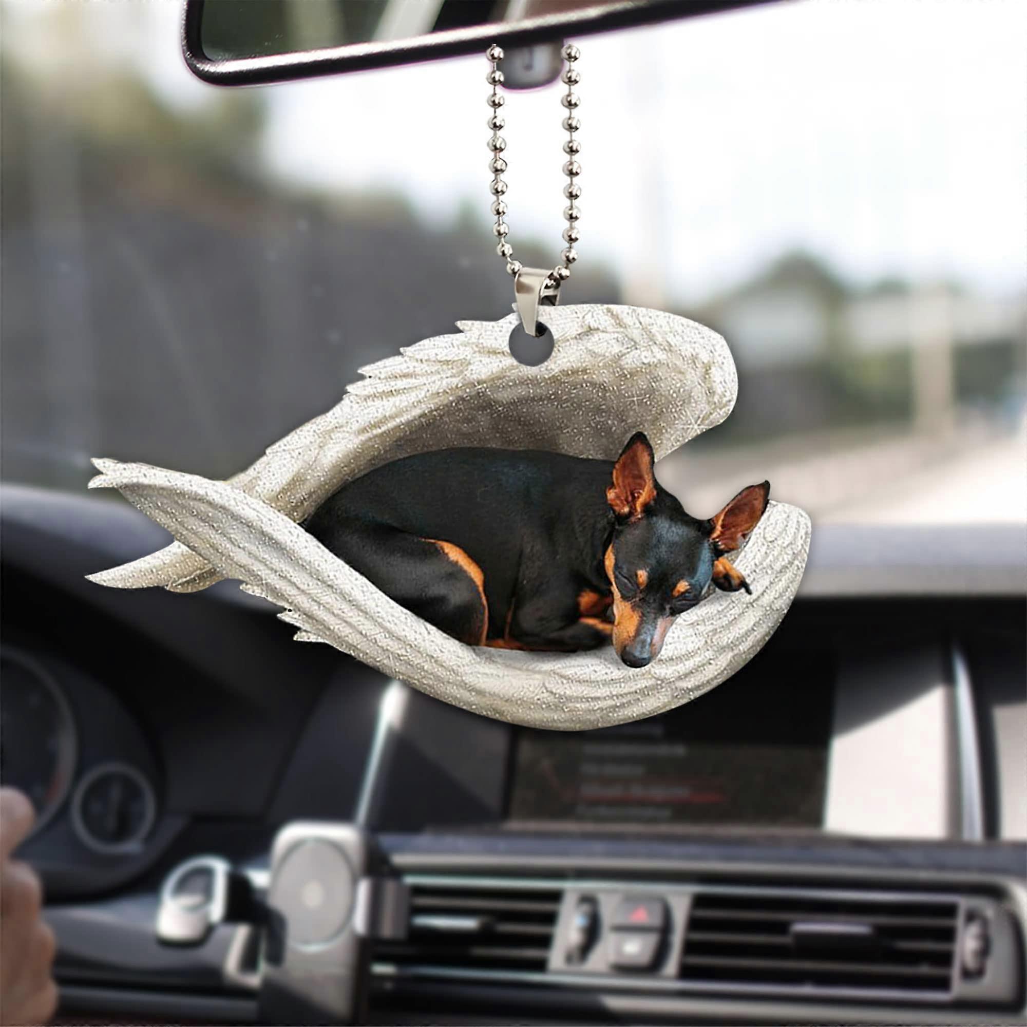Miniature Pinscher Sleeping Angel 2D Flat Car Rear View Mirror Ornament Red Hanging Charm Farmhouse Style Decor