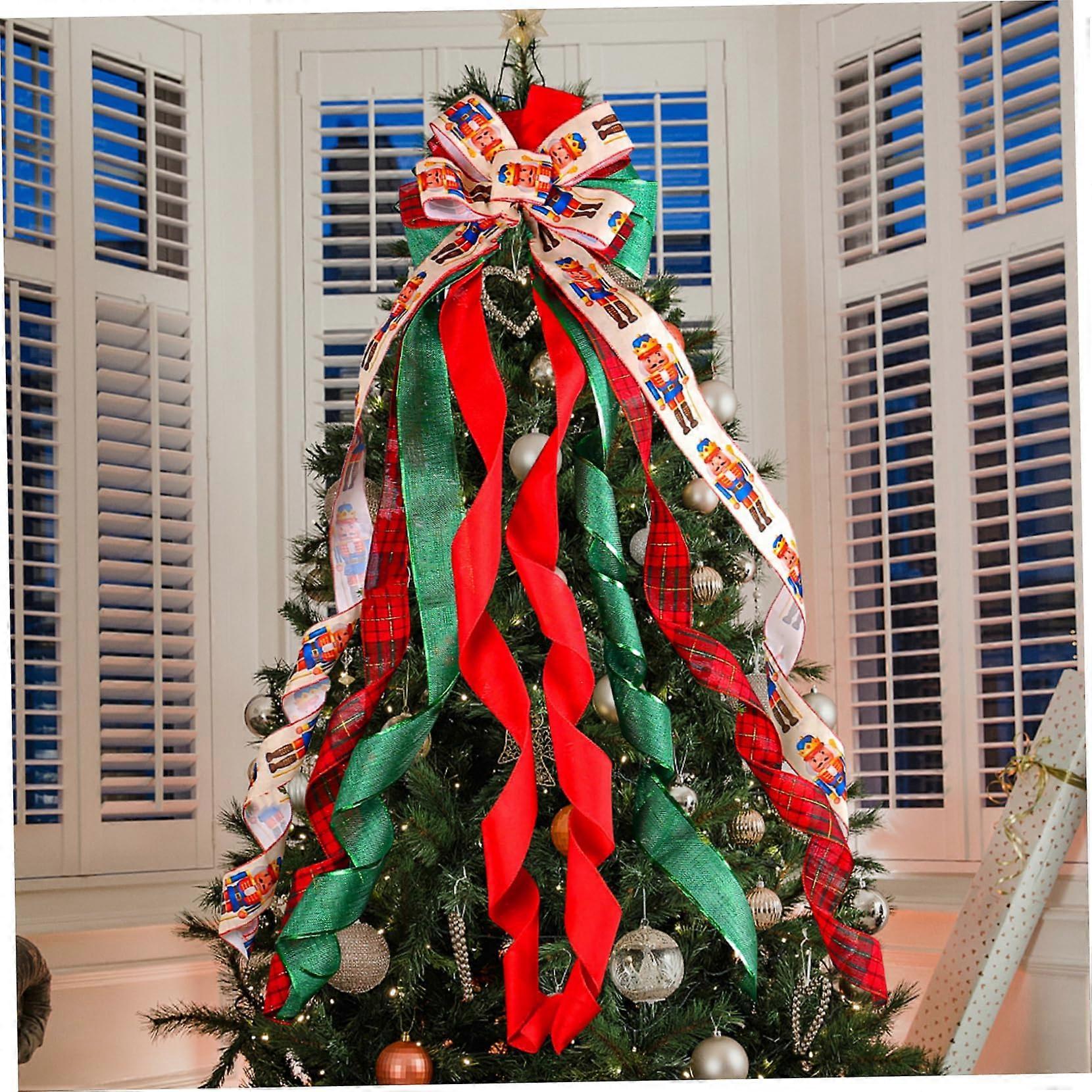 Christmas Tree Topper Bow - 49.6 Inch Nutcracker Pattern Ribbon Bow for Farmhouse Christmas Decor, Ideal for Trees, Doors, and Fireplaces