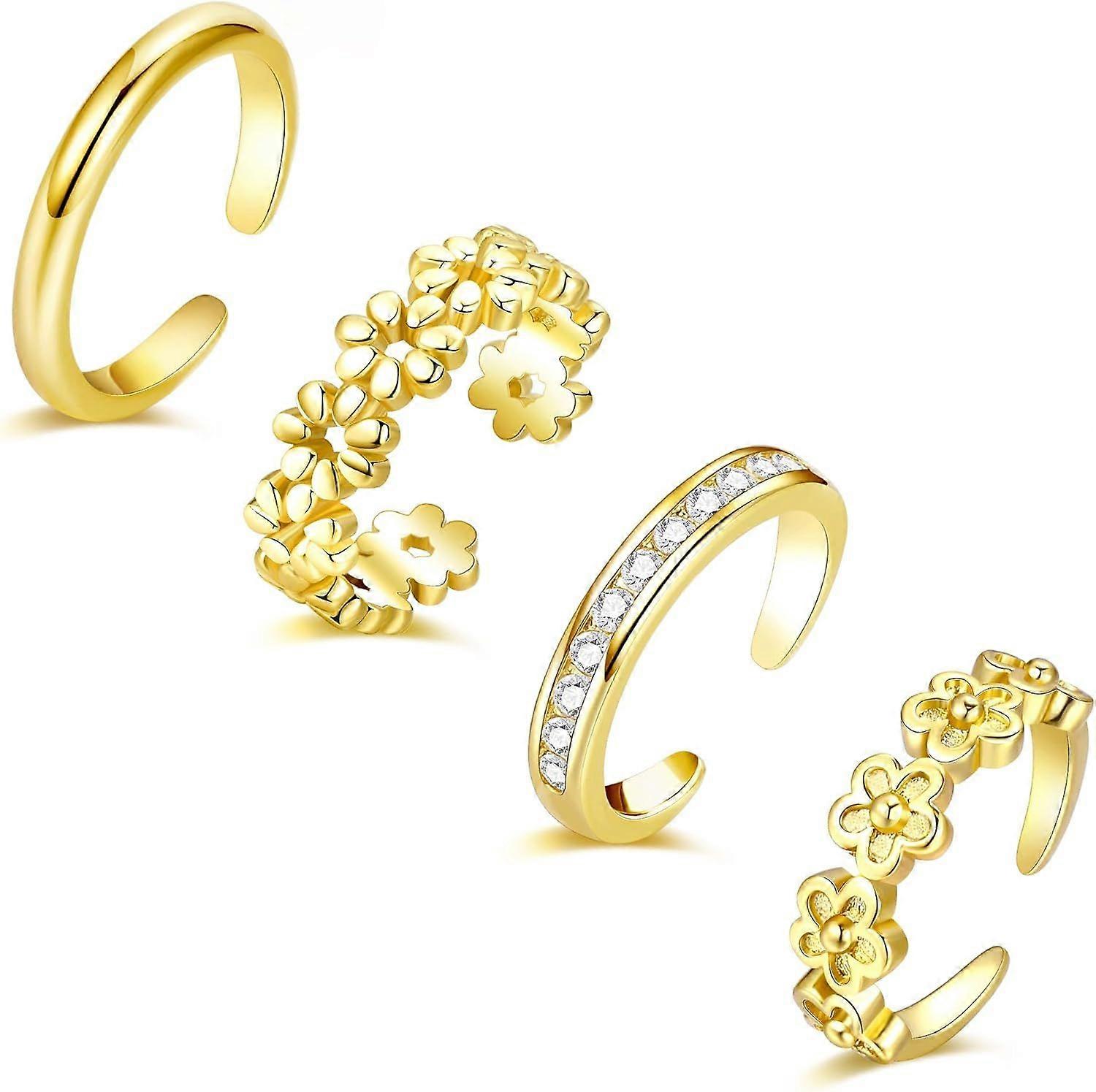 4PCS Gold Toe Rings for Women Adjustable Flower Simple Band Toe Ring Set Open