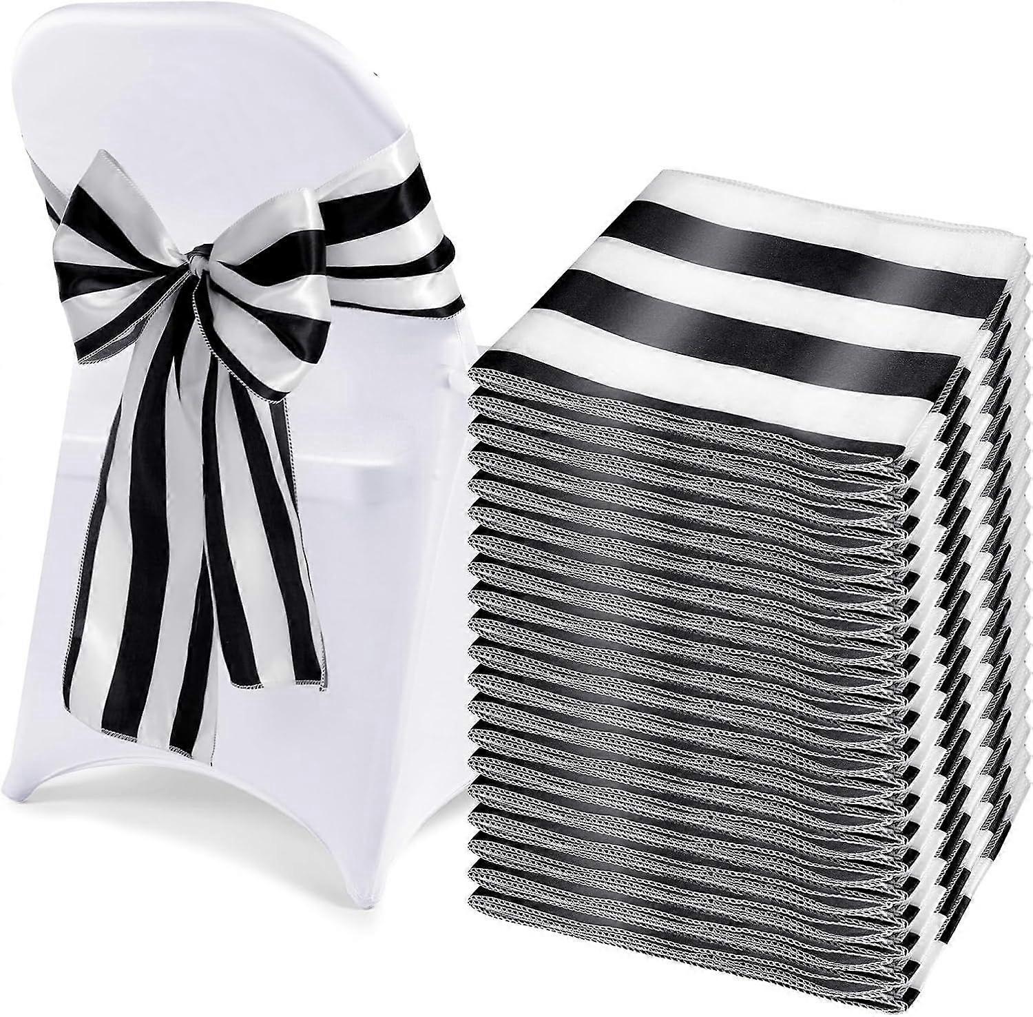 25 Pcs Black and White Chair Sashes Stripes Satin Chair Sash for Wedding Decor 8