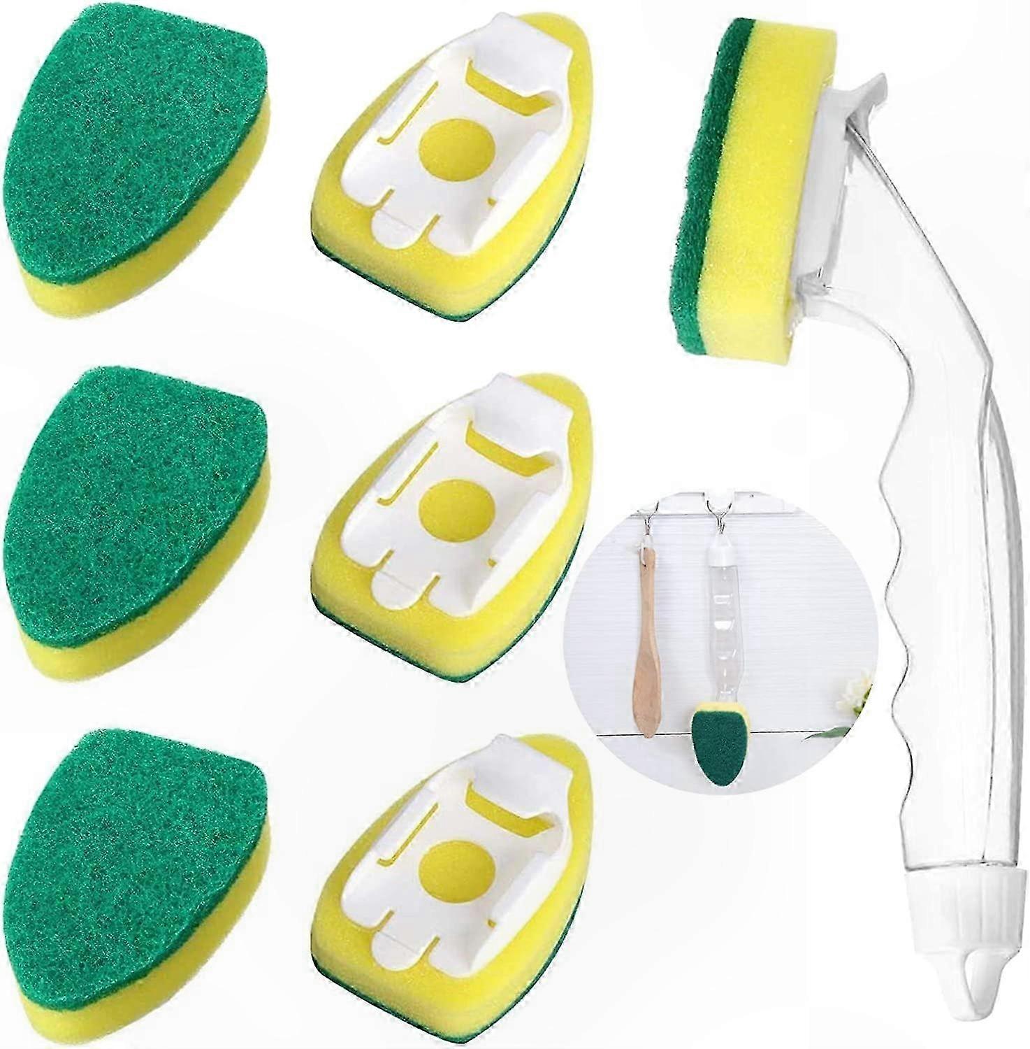 Refillable Dish Cleaning Tool with Brush and 7 Replacement Sponge Heads