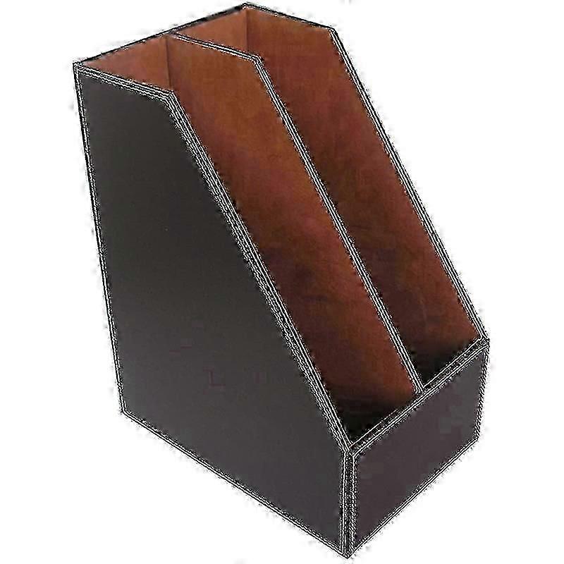 PU Leather Desktop File Folder Organizer and Document File Stand Journals Magazine Holder Rack 2 Slots (Brown)