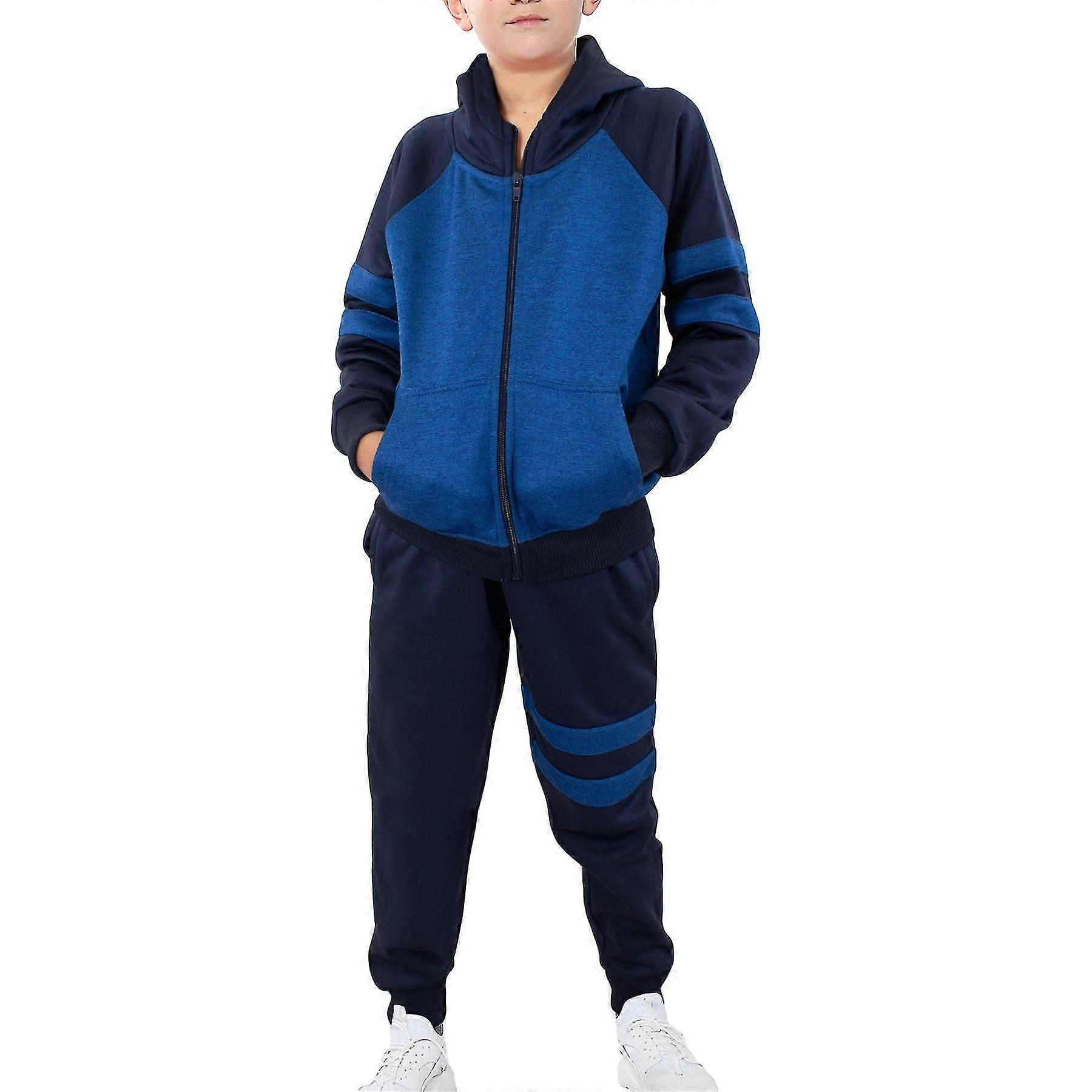 Barn Pojkar Träningsoverall Kontrast Panel Fleece Huva Topp Gym Jogging Bottnar