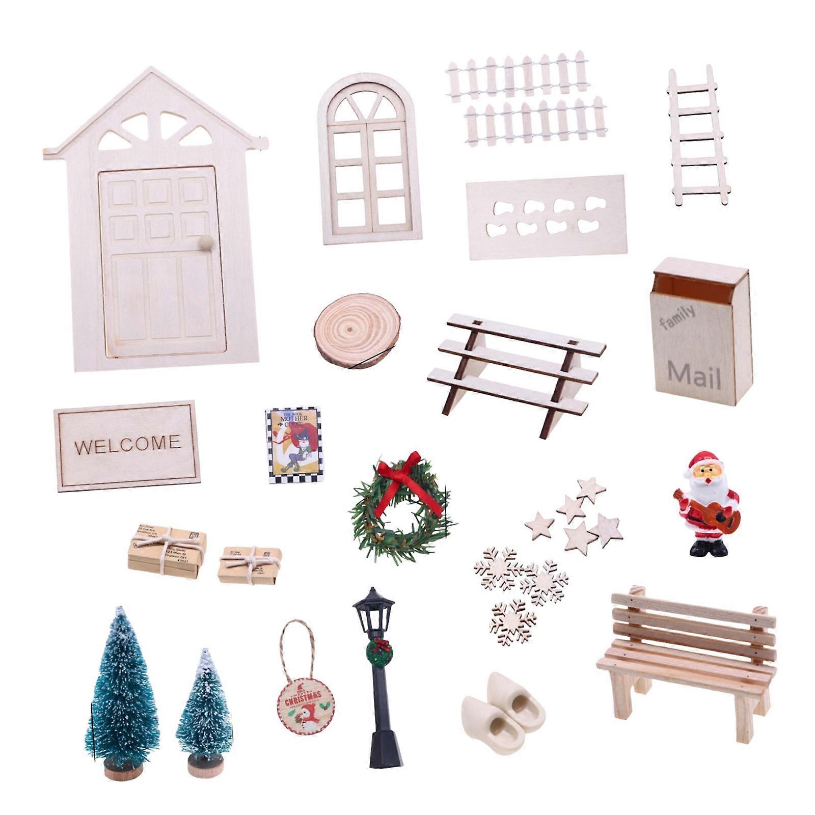 Natural Wood Doll House Christmas Entryway Set with Wreath Pine Tree And Lamp Snowflake Ornament Craft Project Display Multicolor