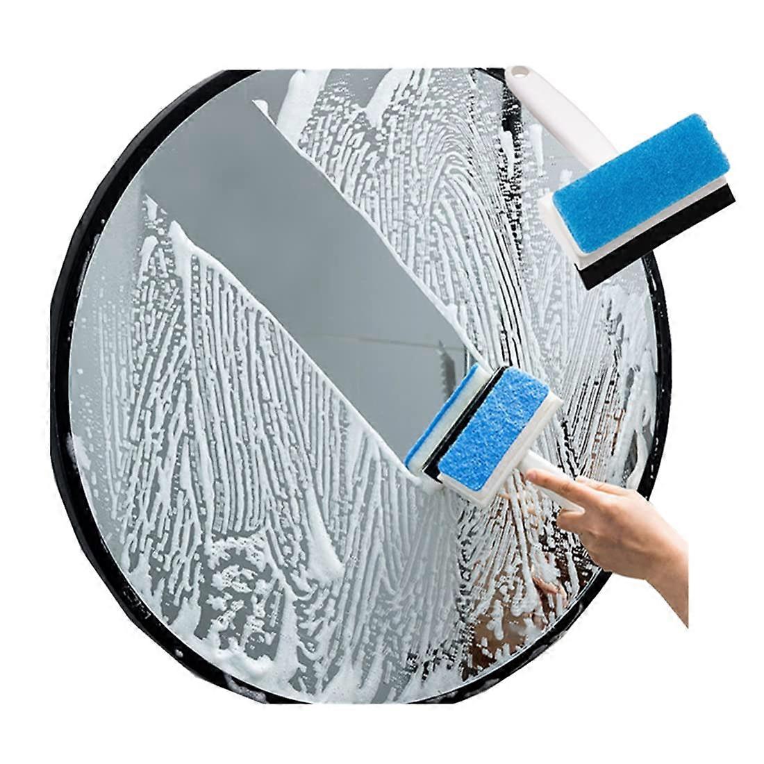 Glass Cleaning Brush and Squeegee with DoubleSided Sponge for Windows, Mirrors, Tiles, Bathroom (1 Pack, Blue)