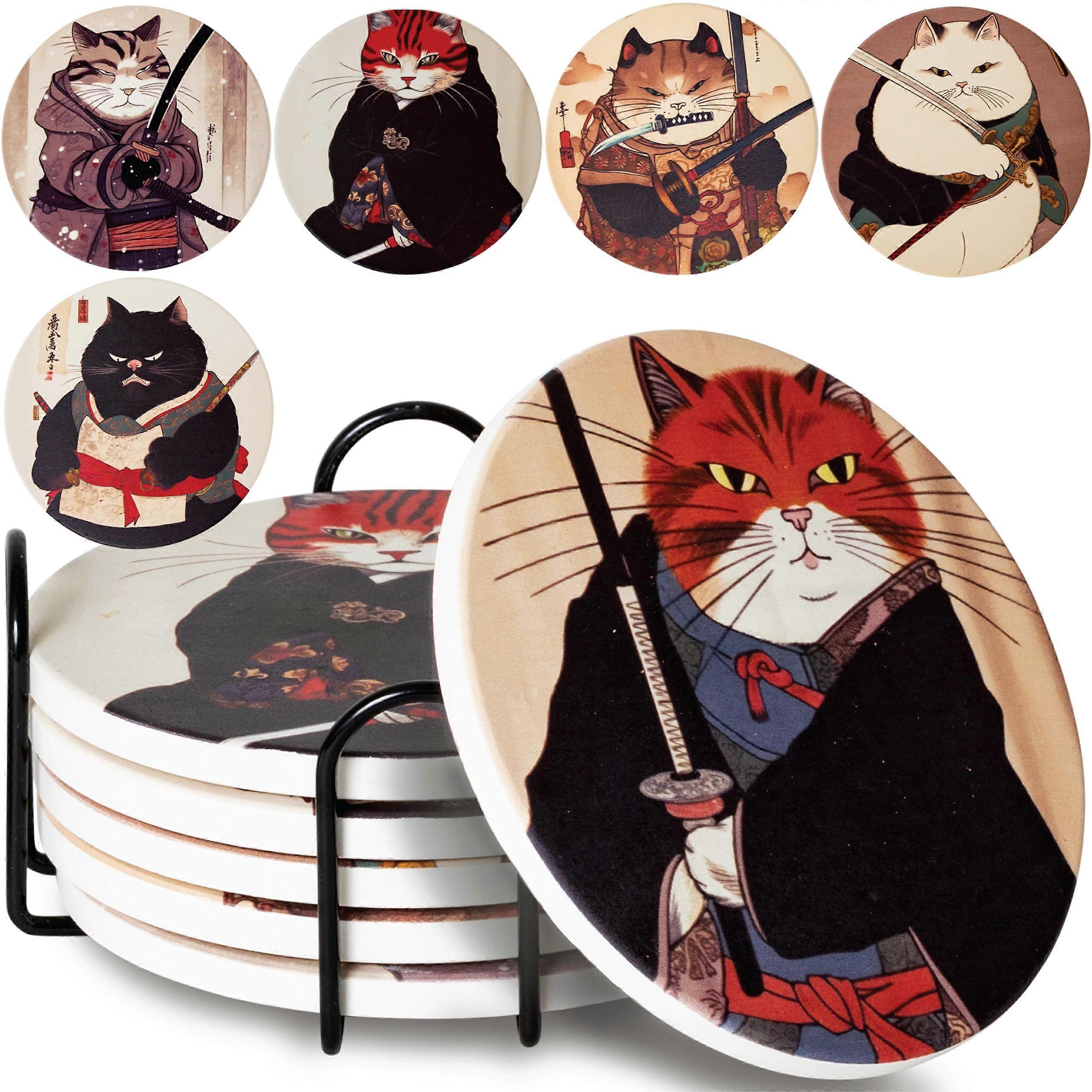 Cat Coasters Set of 6 with Holder – Anime Design Drink Coasters for Cat Lovers