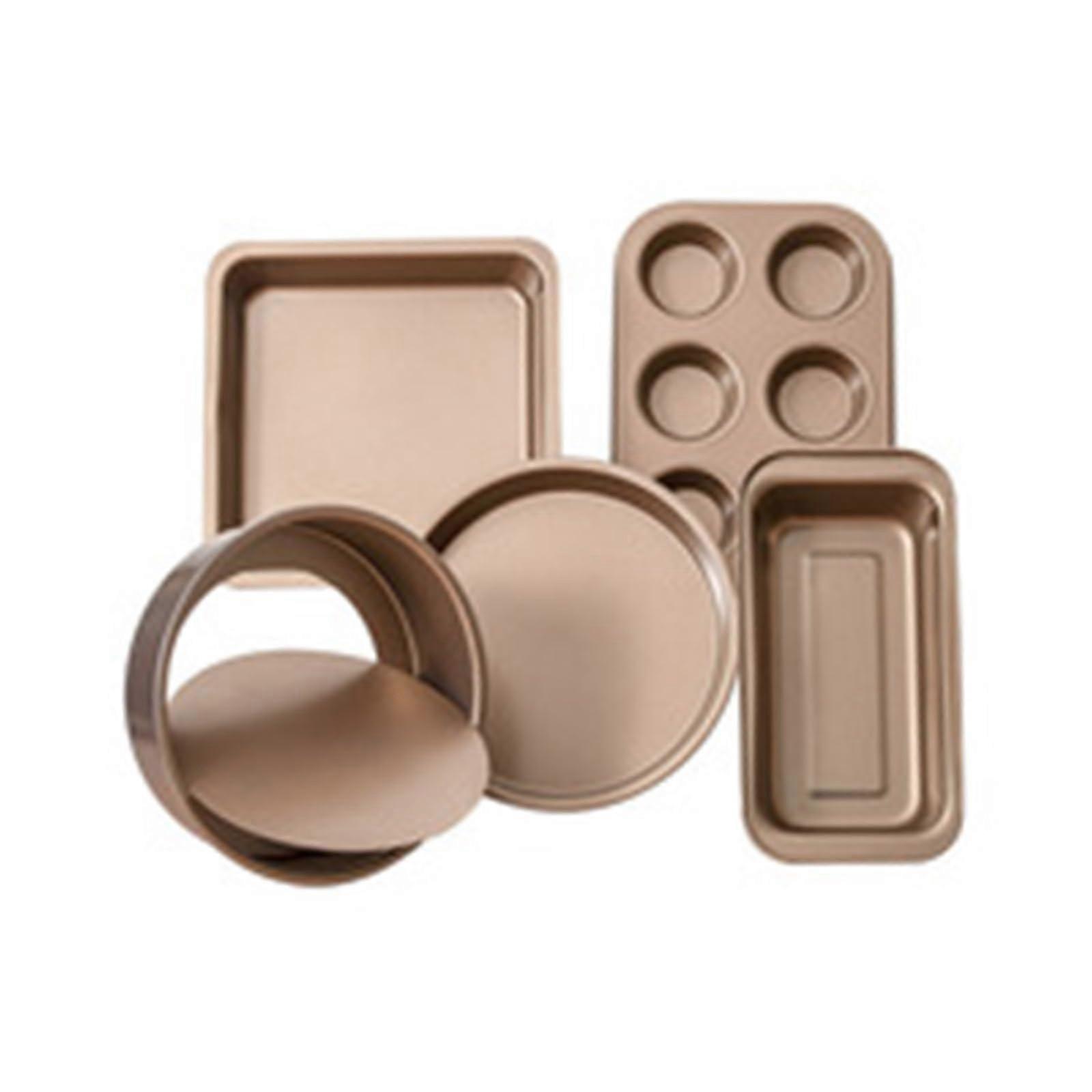 6Piece Carbon Steel NonStick Bakeware Set with Muffin, Pizza, Toast Pans and Loose Bottom – Golden Finish