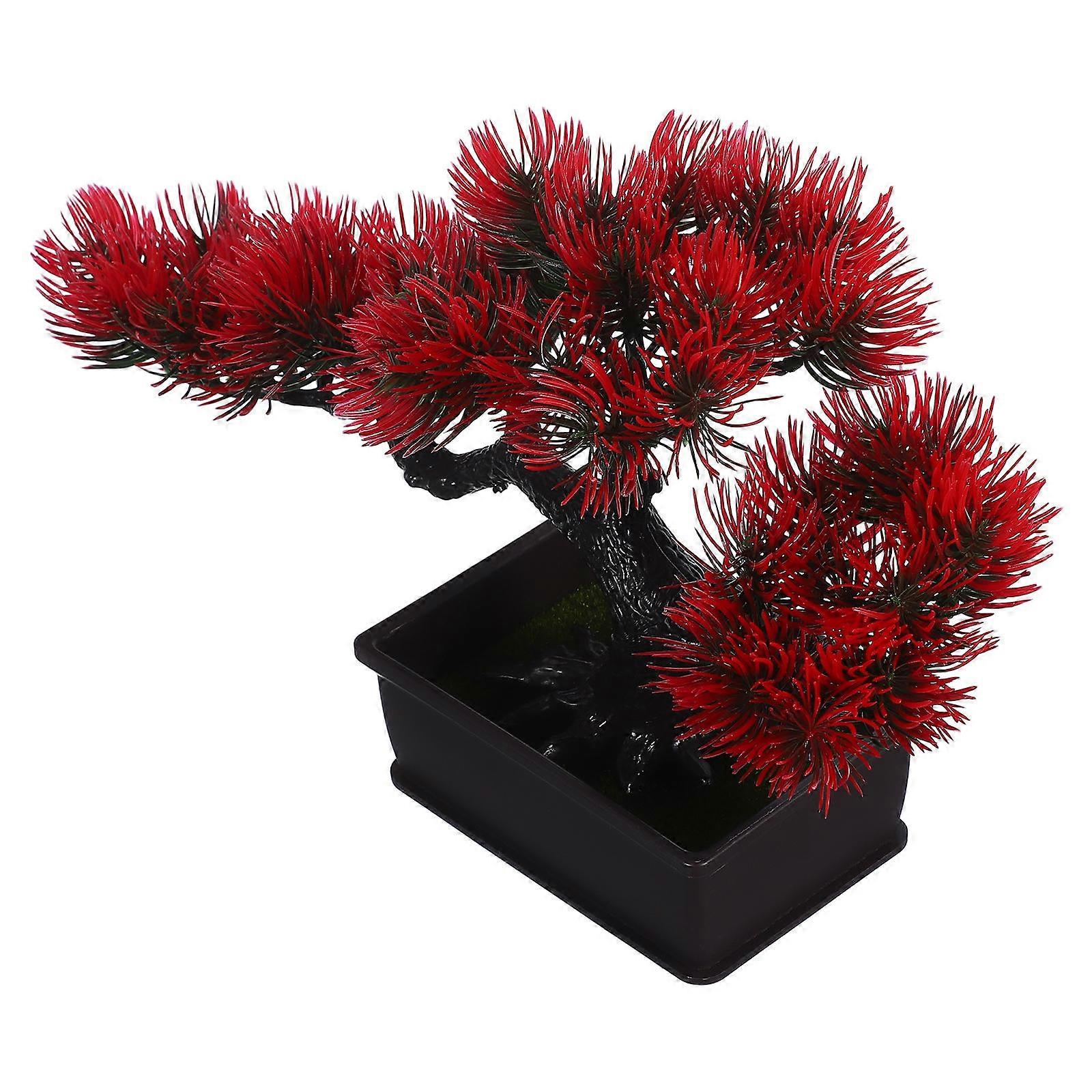 Plastic Artificial Plants Bonsai Tree for Office Decor Red Faux Pine