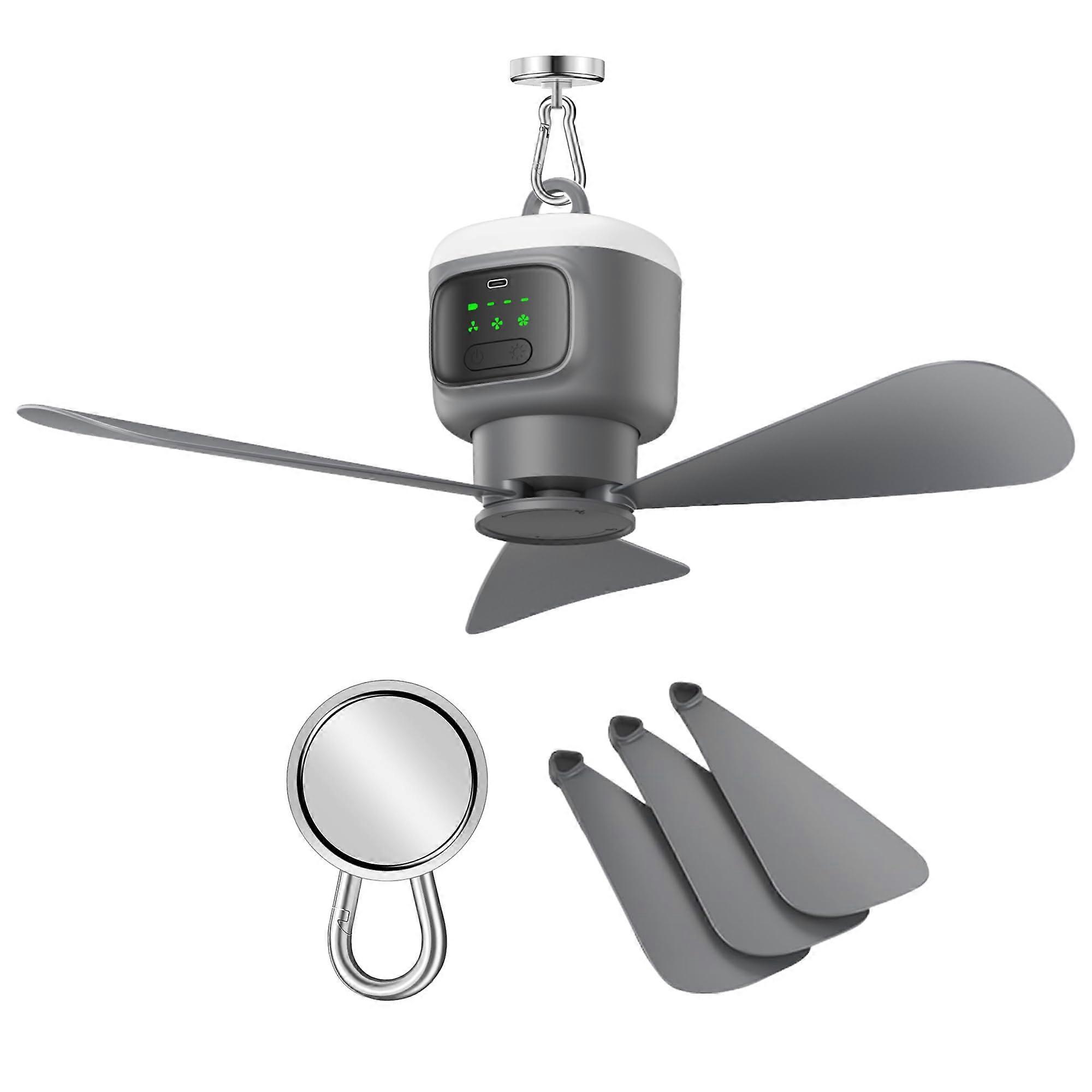 Cordless Ceiling Fan with Light, 18in Magnetic Mount for RV Camping Tent Gazebo, 3 Speed Settings