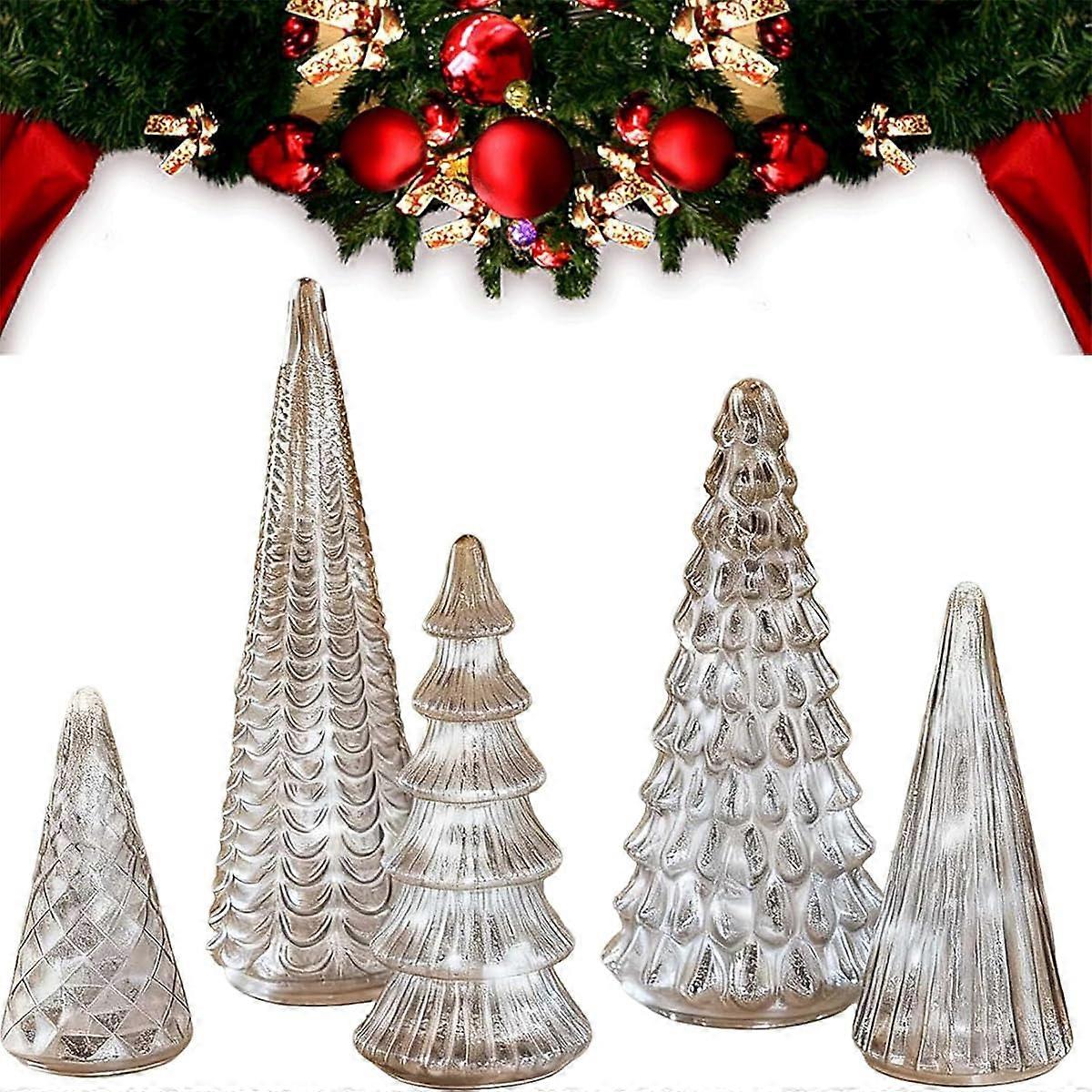 Set of 5 LED Mercury Glass Christmas Trees with Warm Glow, Silver Tabletop Holiday Centerpiece Decor