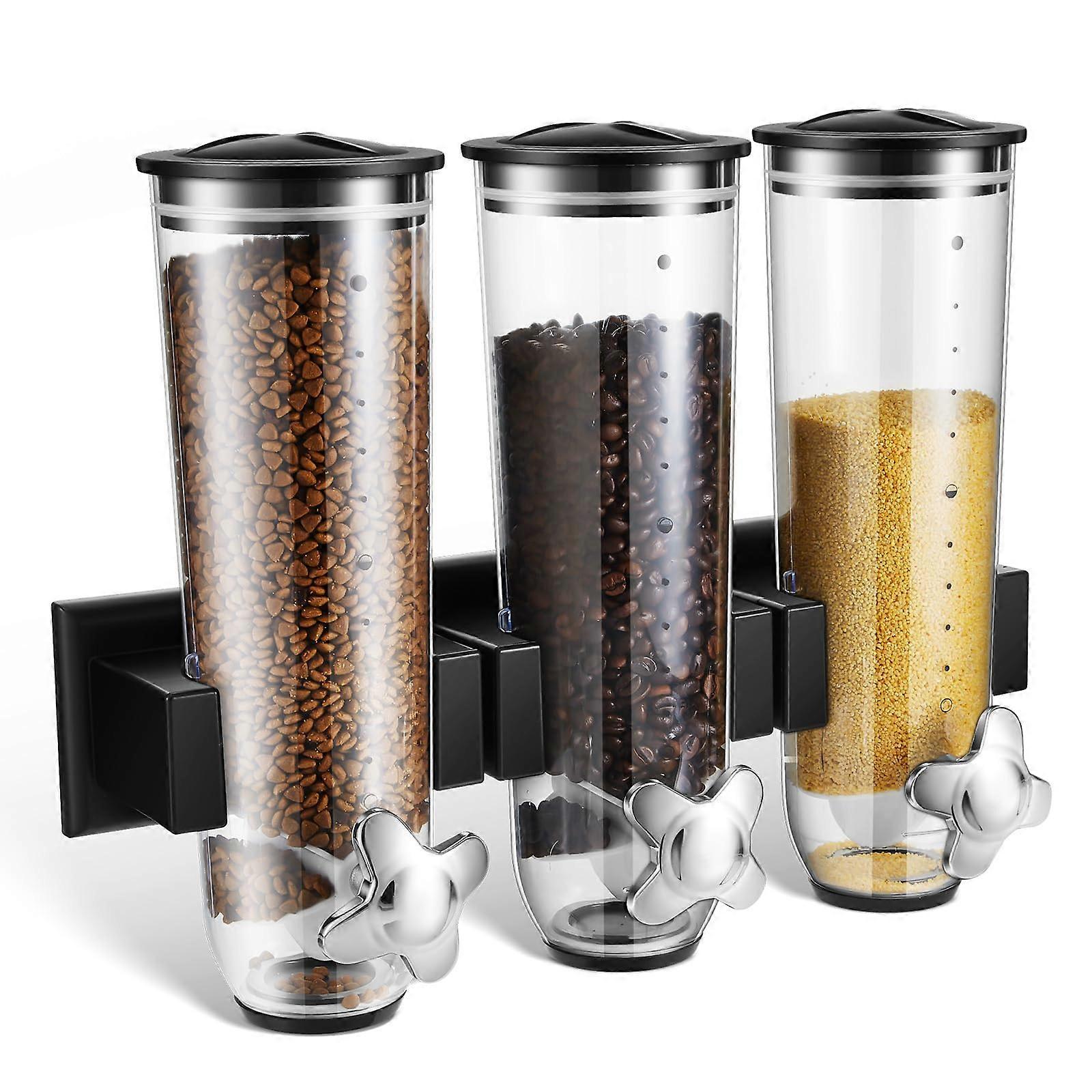 Wall Mounted Triple Cereal and Dry Food Dispenser with Airtight Seal and Portion Control, Black