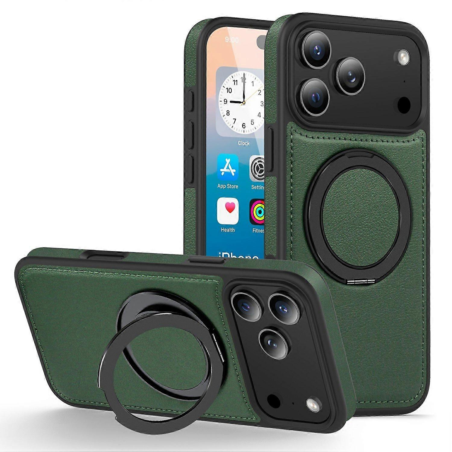 For iPhone 17 Pro Case with Ring Kickstand Compatible with MagSafe PU Leather Back Cover