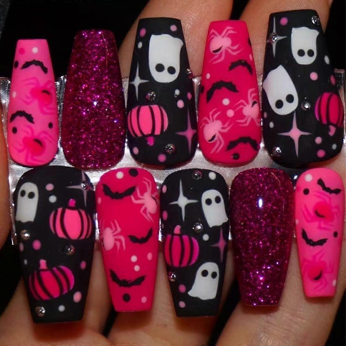 Halloween Press On Nails Medium Square Pink Glitter Ghost Pumpkin Bat Spider Easy Apply 24Pcs