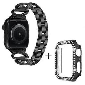 Para Apple Watch Series 7/8 45mm en forma de X Rhinestones Alloy Watch Strap + PC Protective Watch Case