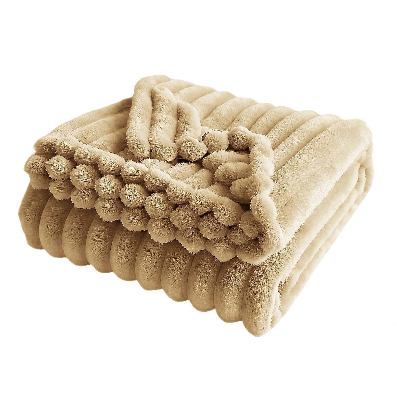 Furry Throw Blanket - Thick Bubble Plush Striped - for Couch Sofa Bedroom Winter