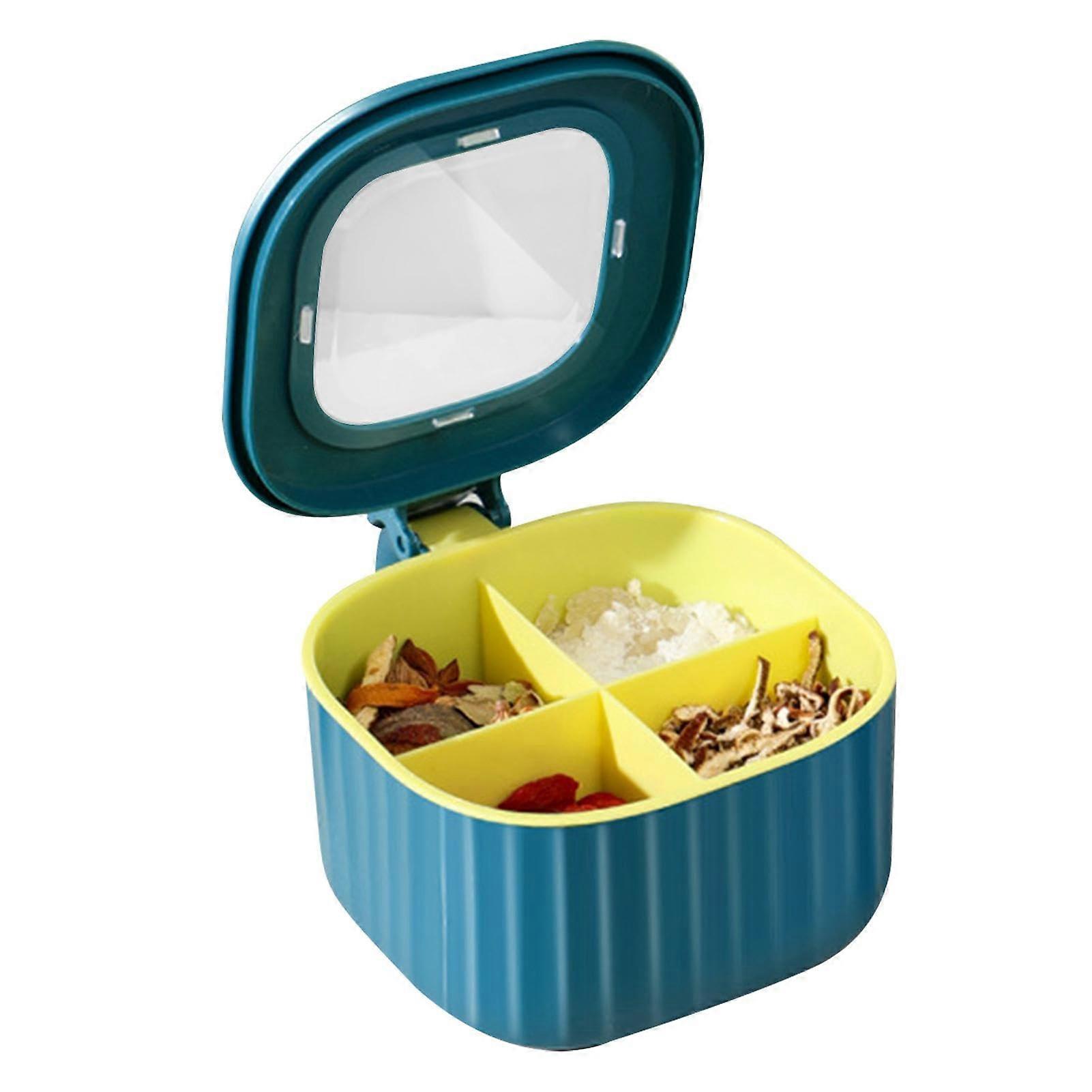 Condiment Organizer with Lid, 4 Compartments Spice Storage Box with Spoons and Handle, Blue