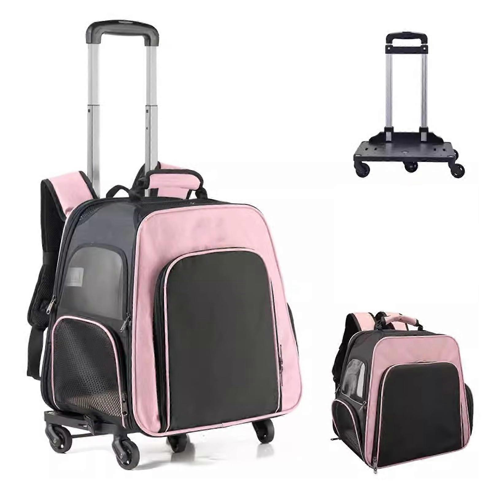 Pet Backpack with Wheels, Expandable Rolling Pet Carrier for Medium Cats and Small Dogs, Pink