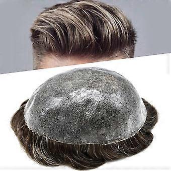 Men's Toupee Human Hair Hairpiece 8x10 PU Base 120% Density Dark Brown Grey 32mm Wave