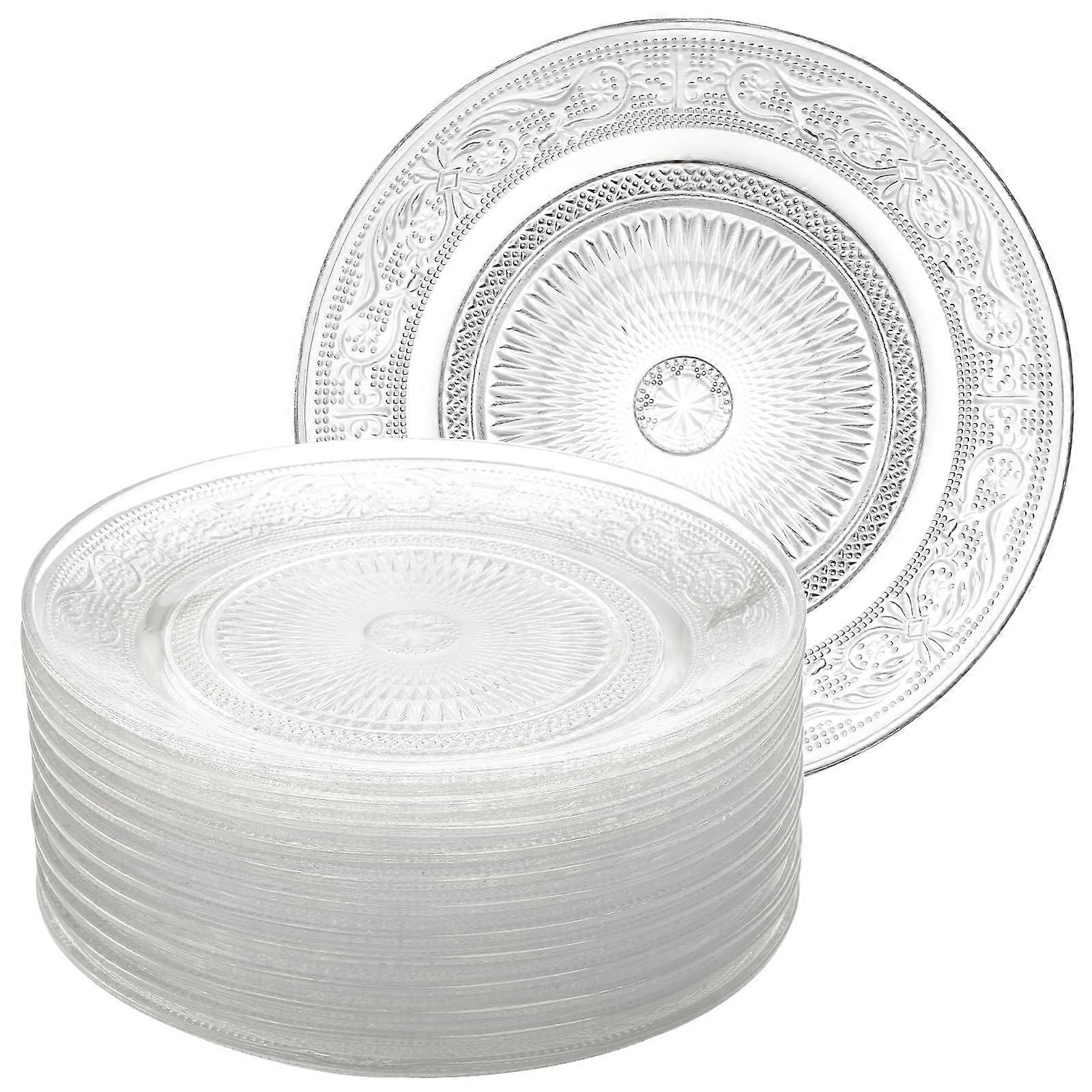 12 Pack 7 Inch Glass Salad Plates with Vintage Pattern, Clear Dessert Appetizer Dinnerware Set