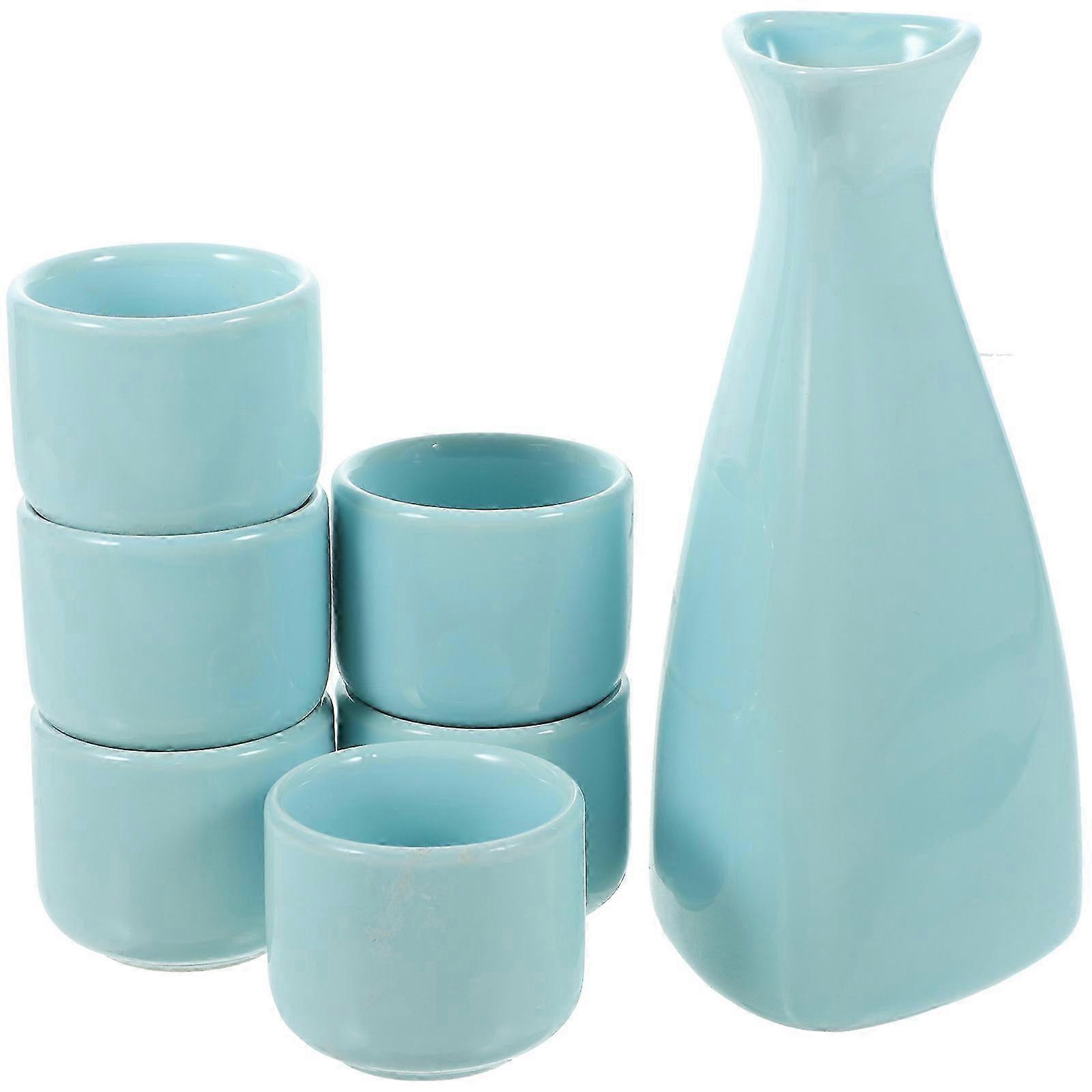 Sake Pot Cups Ceramic Blue Liquor Dispenser for Storage 1Set