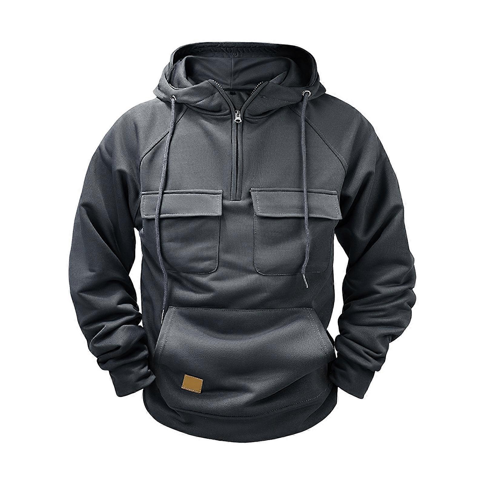 Fall Spring Men Hoodie Half Zipper Drawstring Long Sleeves Multi Pockets Pure Color Elastic Cuff Hem