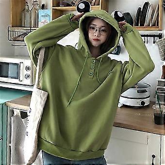 Musim Gugur Musim Dingin Mata Katak Bertudung Sweatshirt Zip-Up Bulu Lembut Hoodies Kebesaran Wanita Tebal Tetap Hangat Kawaii Pakaian Luar Atasa