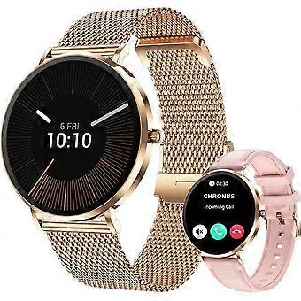 T8Pro ultradunne stalen smartwatch met 1,32 inch AMOLED-scherm en gezondheidsmonitor, roségoudkleurig.