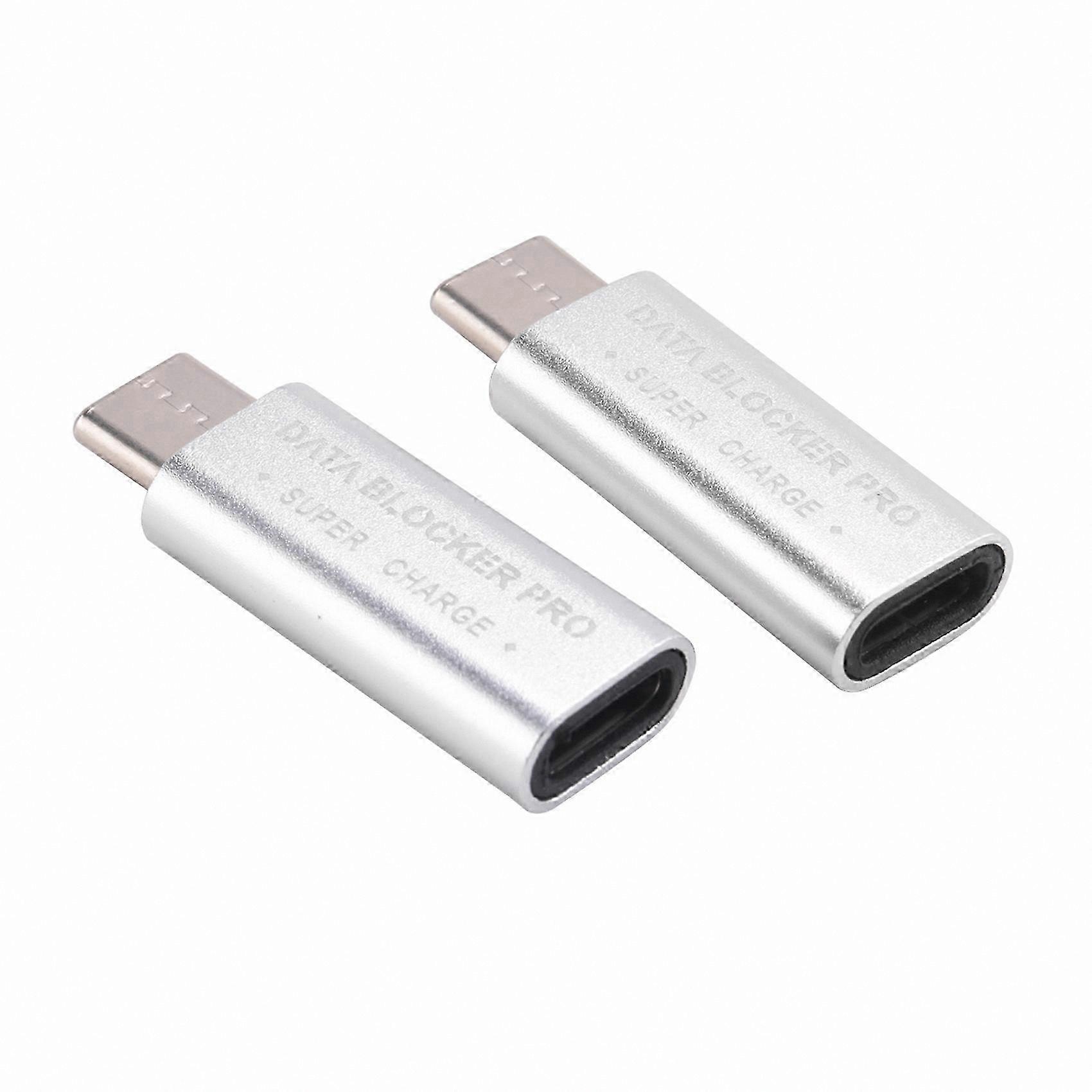 2-Pack USB-C Data Blocker Adapter with Quick Charge Support (50V/5A) - Prevent Data Theft (Silver)