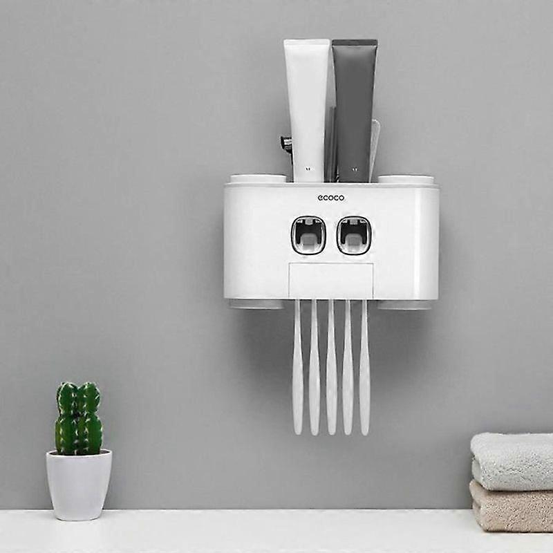 Automatic Toothpaste Dispenser Dustproof Brush Holder Cups No Nail Wall Mount-TIM